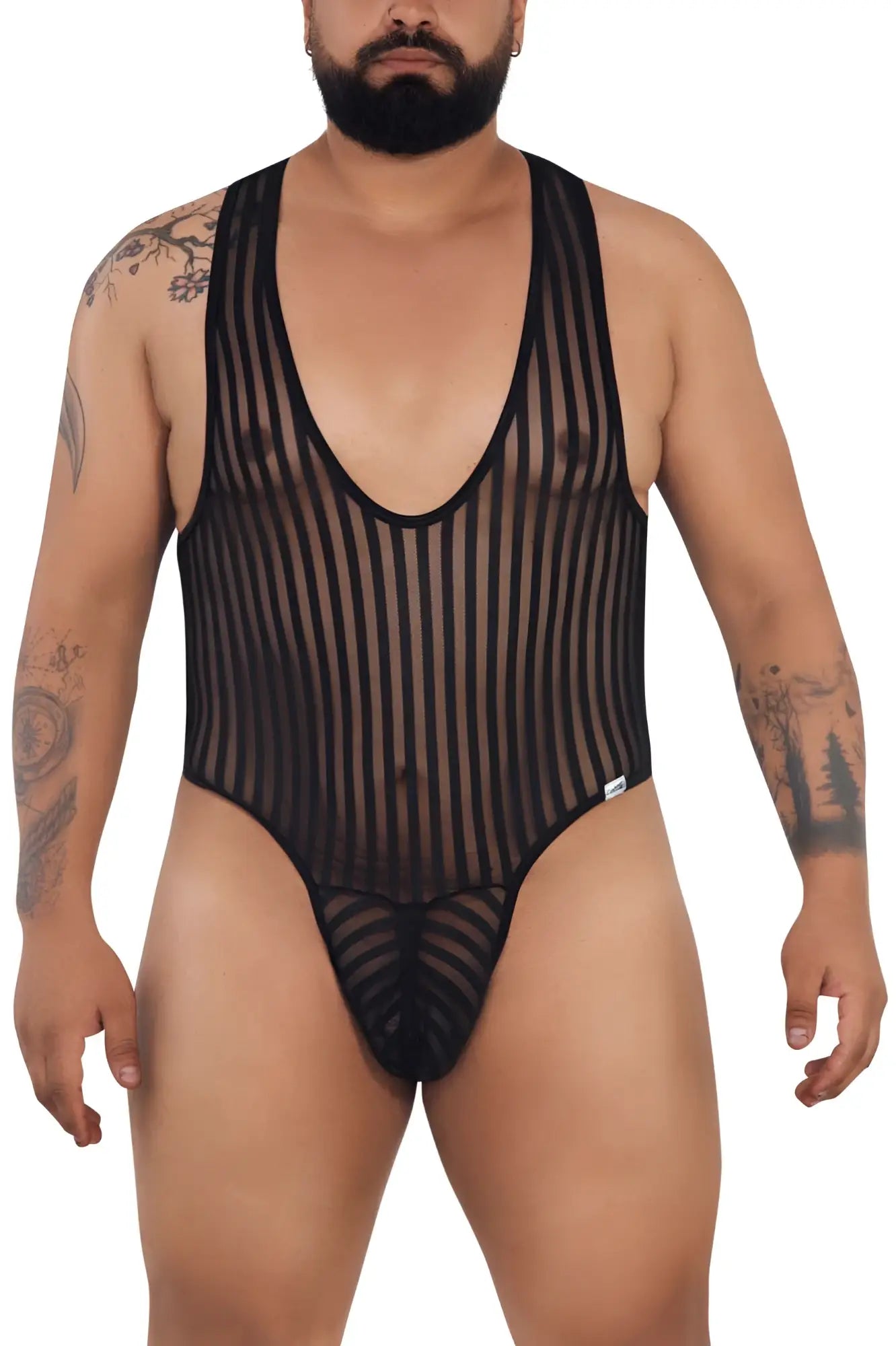 Black sheer mesh CandyMan 99727X Work-N-Play bodysuit with vertical stripes and deep scoop neckline