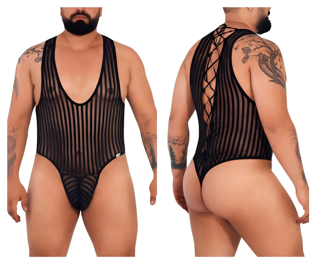 Black candyMan 99727X work-n-play sheer striped bodysuit with lace-up back and mesh fabric shown from the back