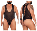 Black candyMan 99727X work-n-play sheer striped bodysuit with lace-up back and mesh fabric shown from the back