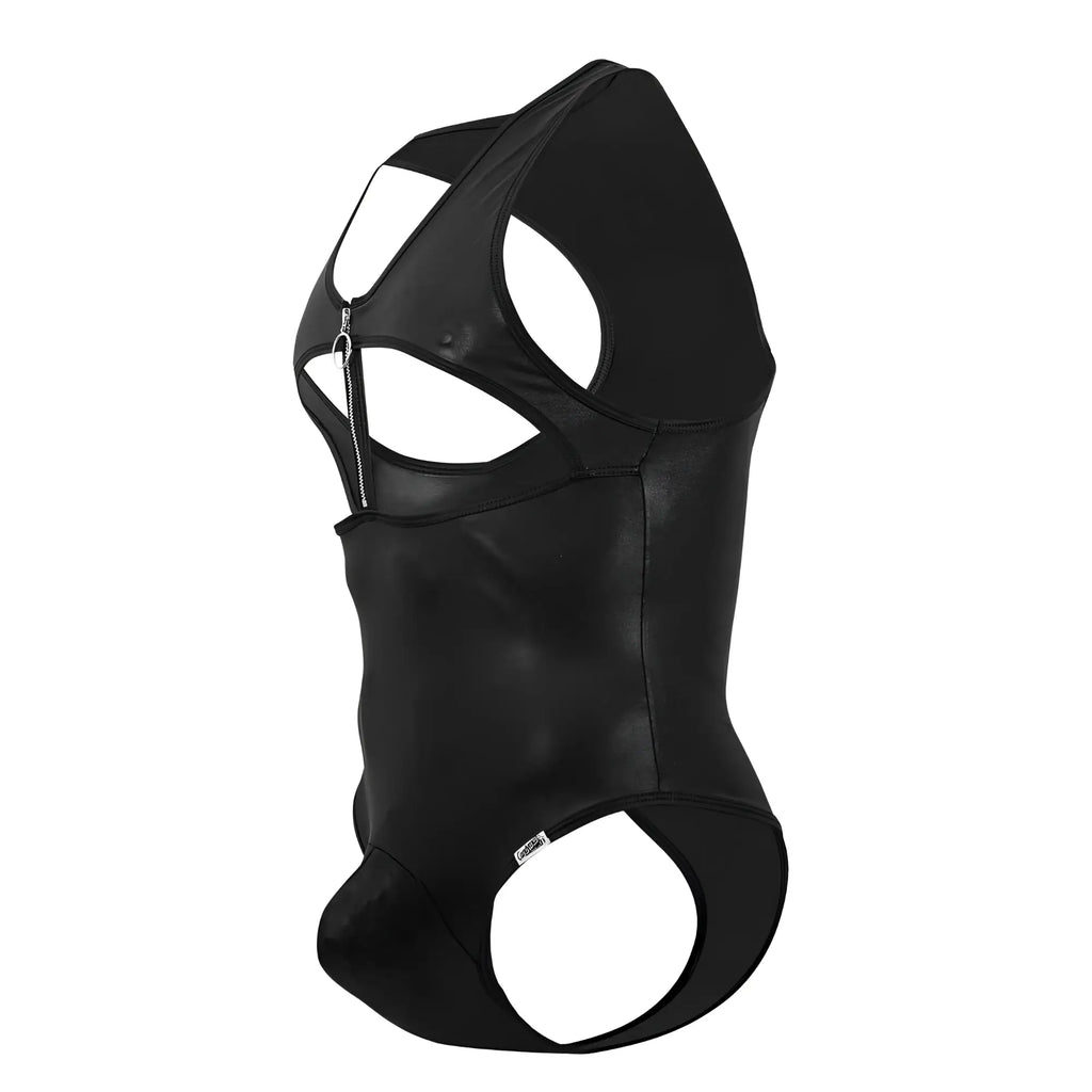 Black candy man 99728x work-n-play faux leather bodysuit with cut-out design and zipper closure