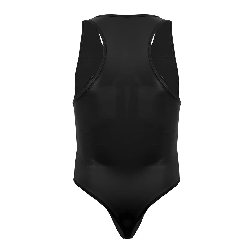 Black glossy latex one-piece swimsuit with racerback design shown from the back candyMan 99728X Work-N-Play Bodysuit
