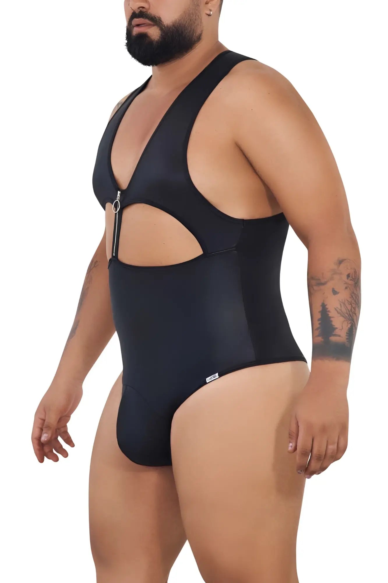 Black candyman 99728x work-n-play bodysuit with plunging neckline and side cut-out details in a form-fitting one-piece swimsuit
