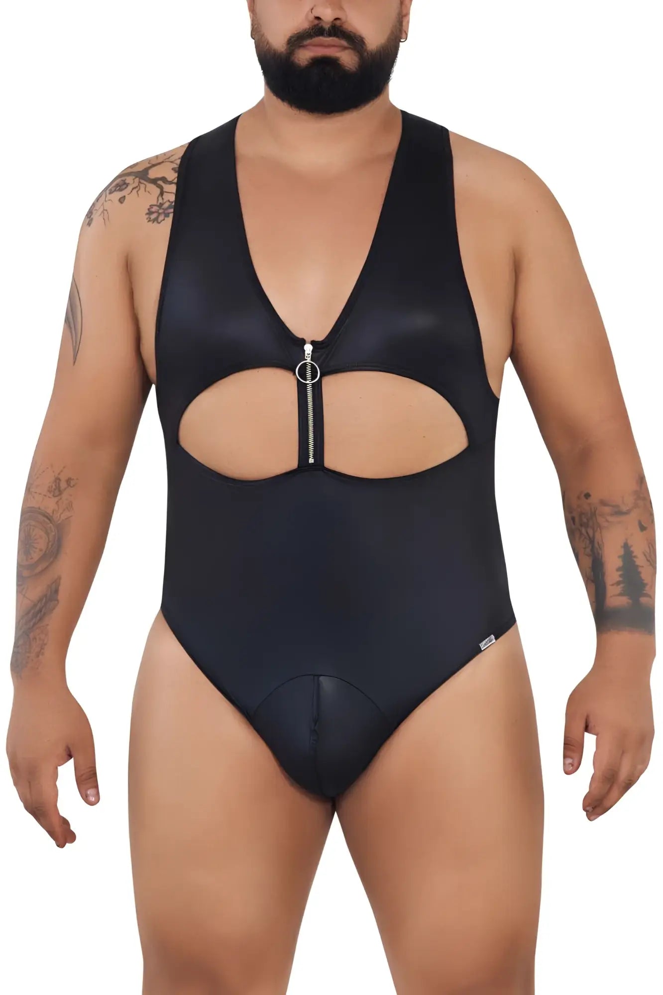 Black candyman 99728X work-n-play bodysuit one-piece swimsuit with plunging neckline cutout and silver zipper detail