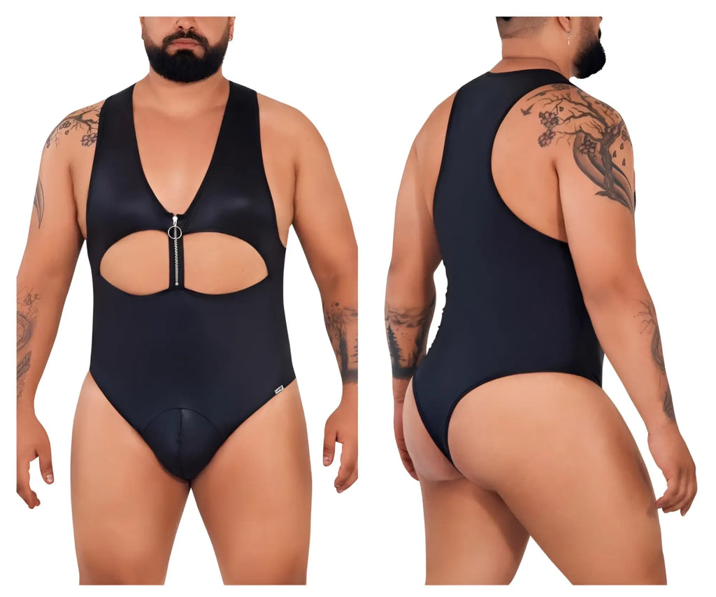 Black Candyman 99728X work-n-play bodysuit in one-piece swimsuit style with front zipper and cutout design