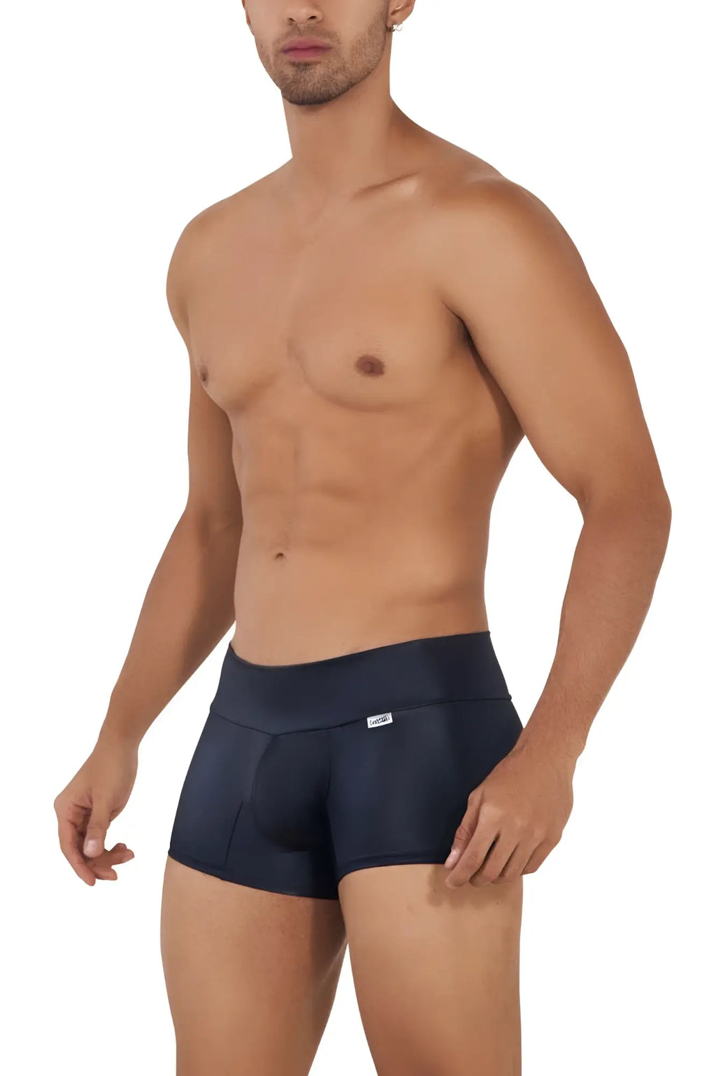 Navy blue candy man 99729 work n out trunks men’s briefs with subtle elastic waistband and white brand tag on front