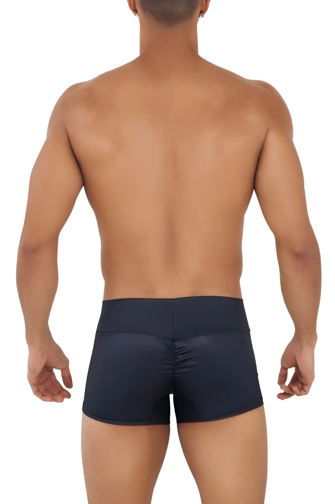 Black satin-like CandyMan 99729 work-n-out trunks briefs with ruched back design shown from the back side
