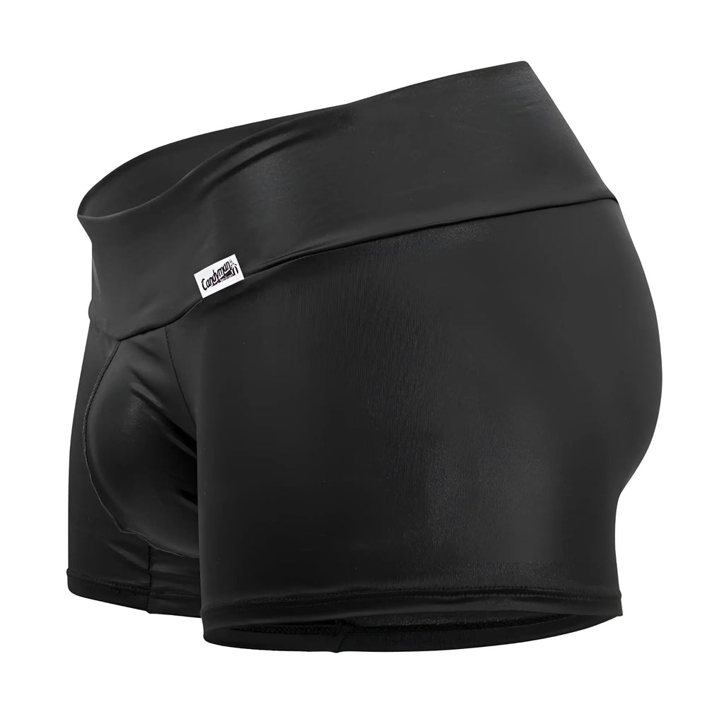 Black shiny faux leather boxer briefs with high-waisted design and white brand tag candyMan 99729 work-n-out trunks