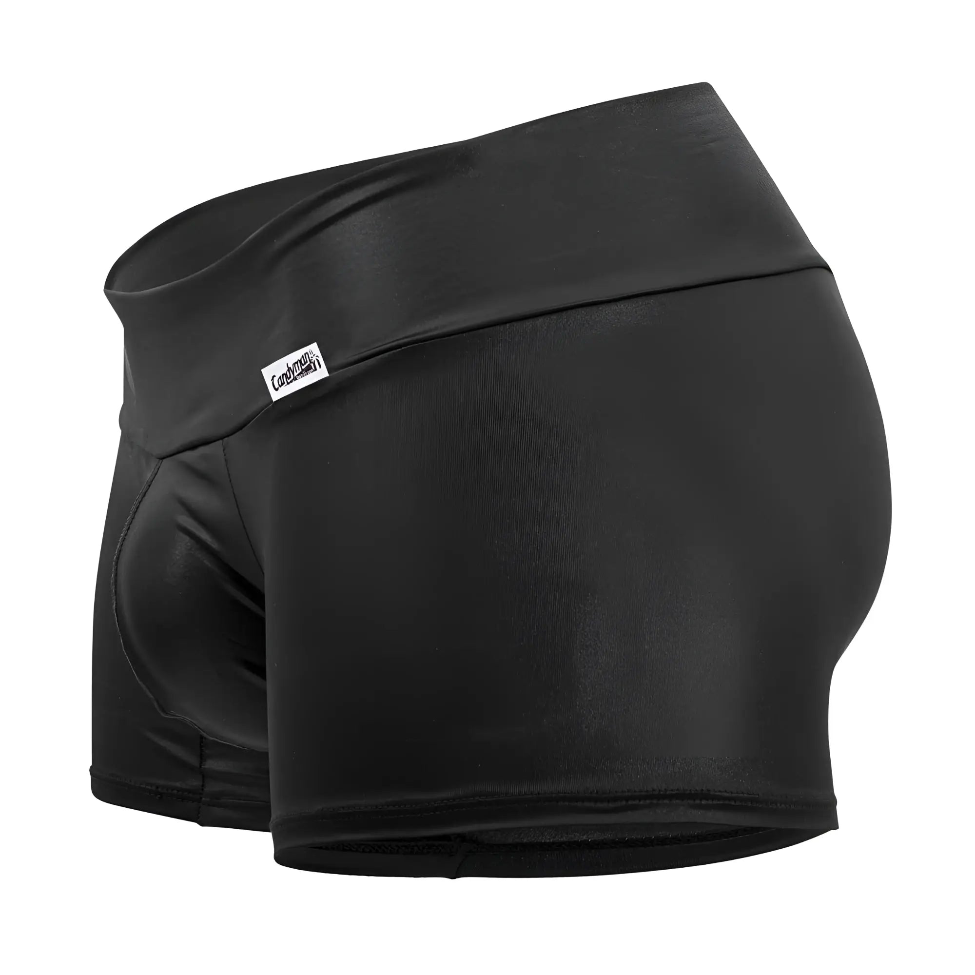 Black shiny faux leather boxer briefs with high-waisted design and white brand tag candyMan 99729 work-n-out trunks