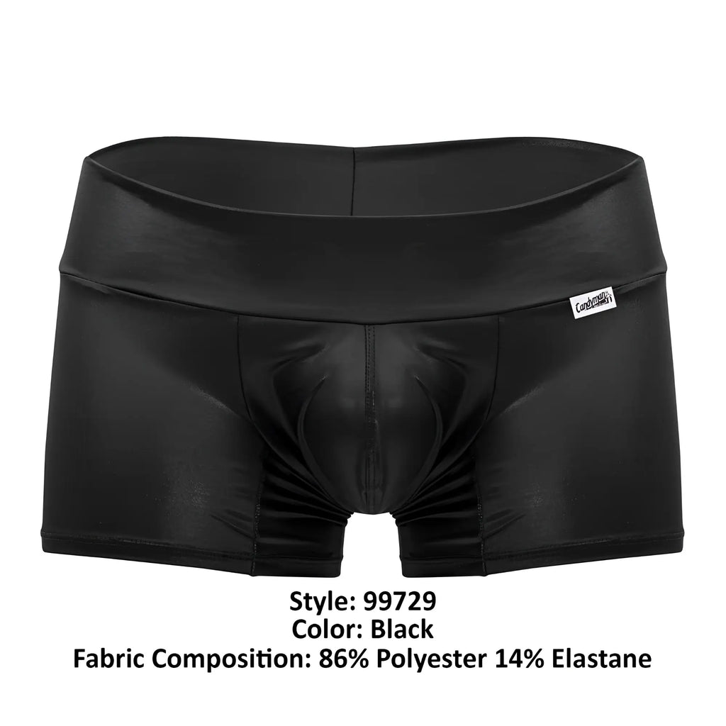 Black shiny faux leather high-waisted briefs with white CandyMan brand tag on waistband work-n-out trunks