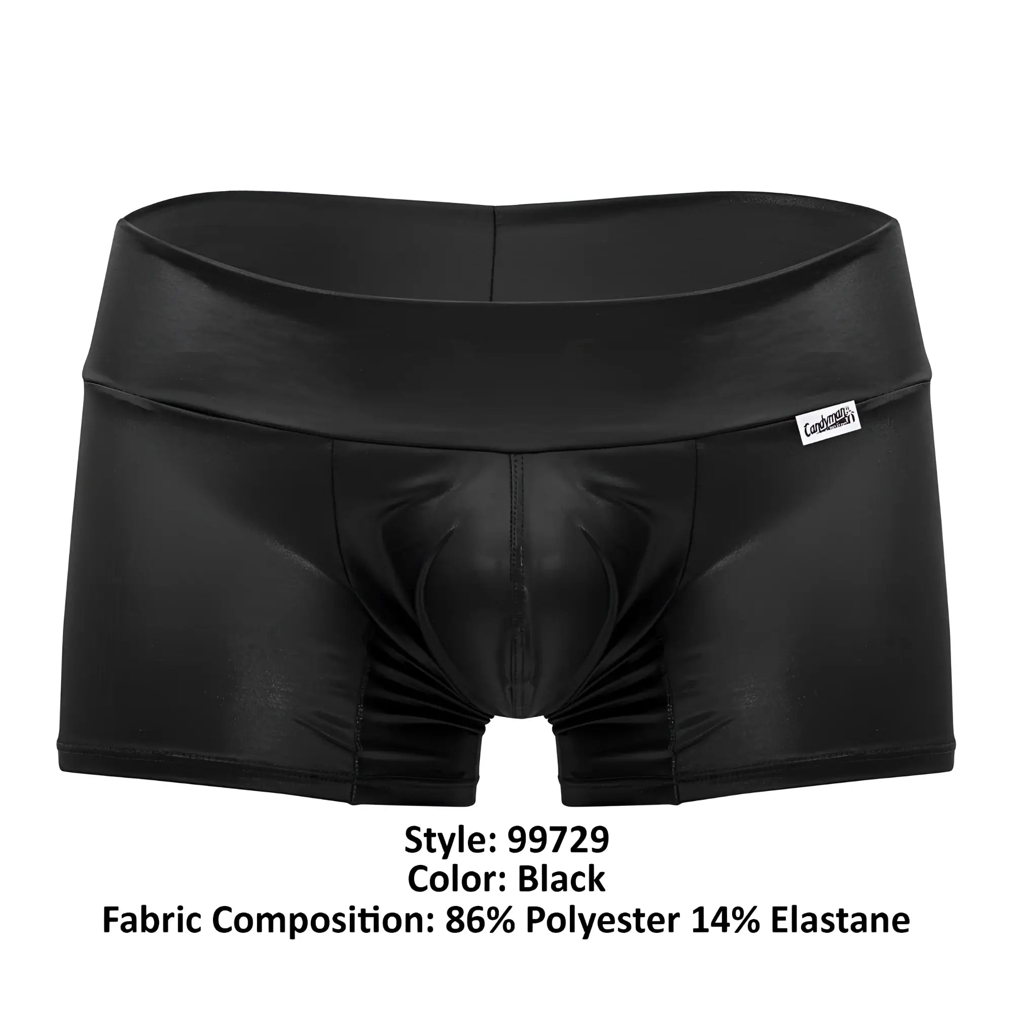 Black shiny faux leather high-waisted briefs with white CandyMan brand tag on waistband work-n-out trunks