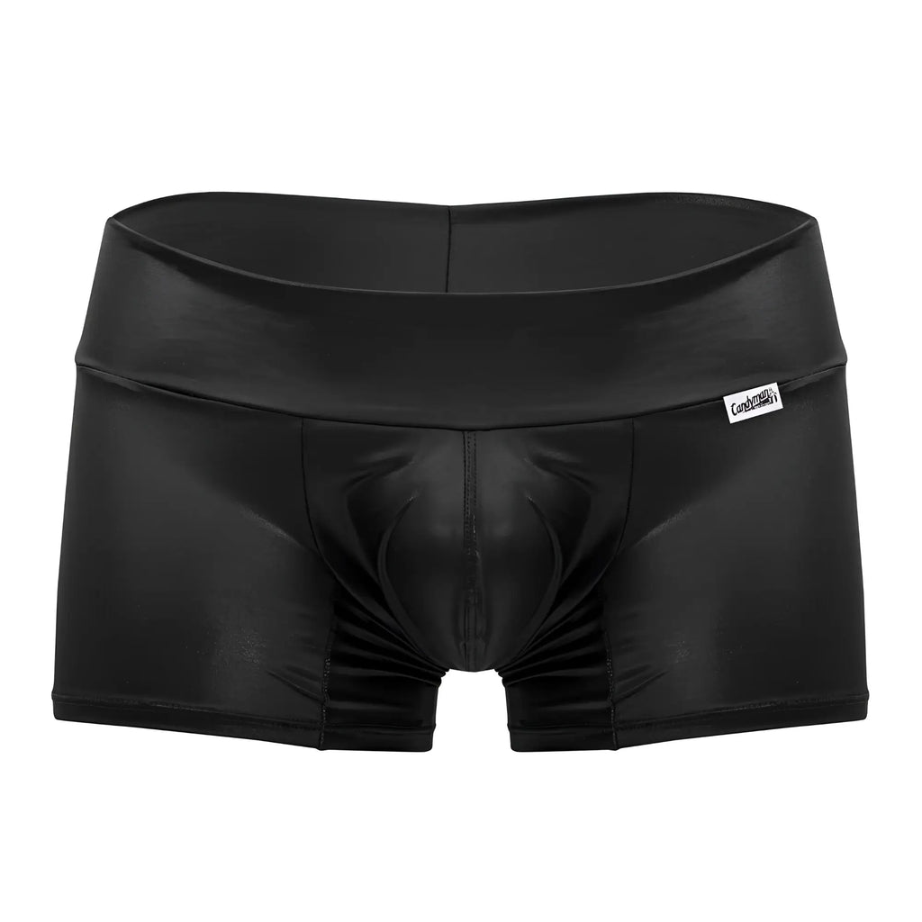 Black shiny faux leather men’s briefs candyMan 99729 work-n-out trunks with high waist and white brand tag