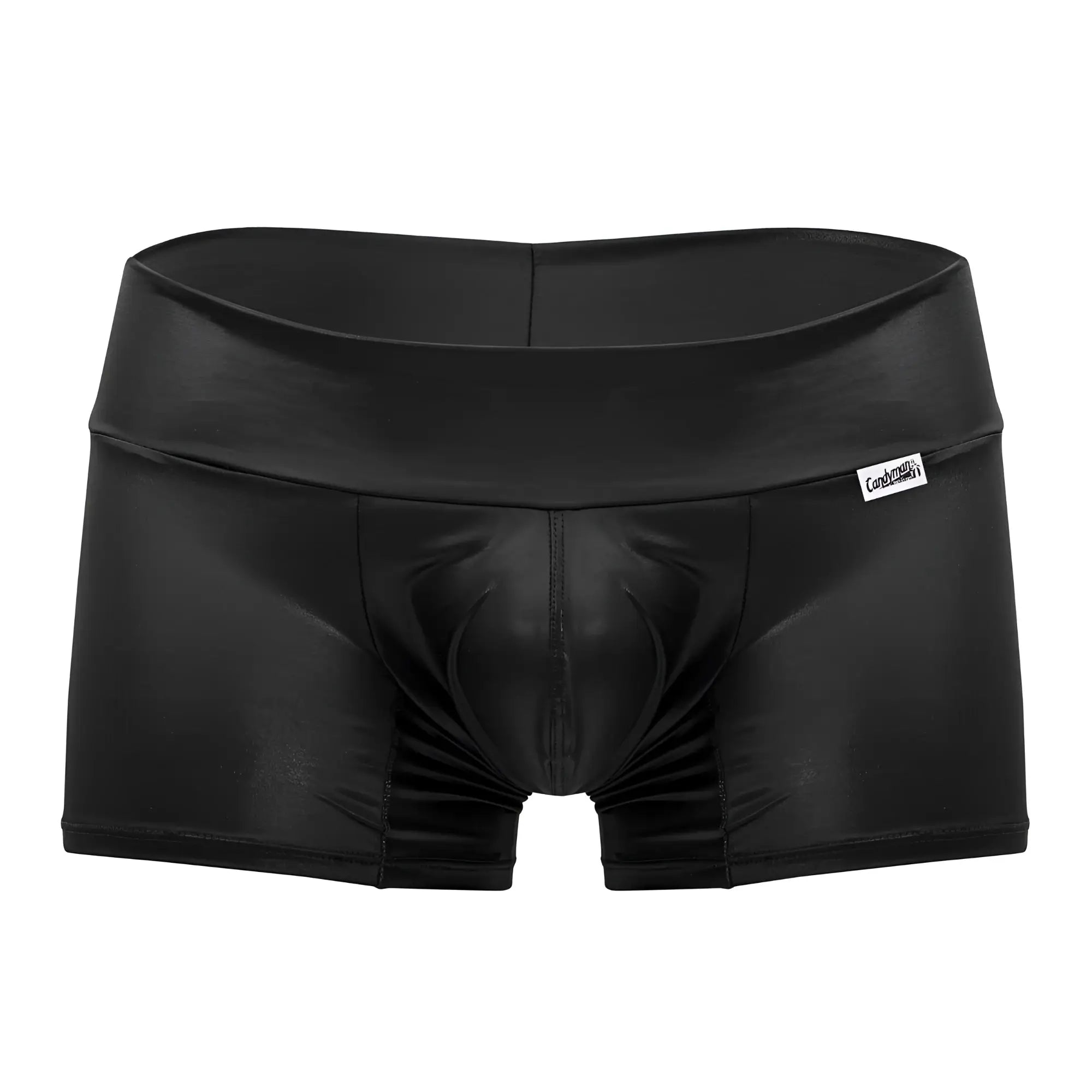 Black shiny faux leather men’s briefs candyMan 99729 work-n-out trunks with high waist and white brand tag