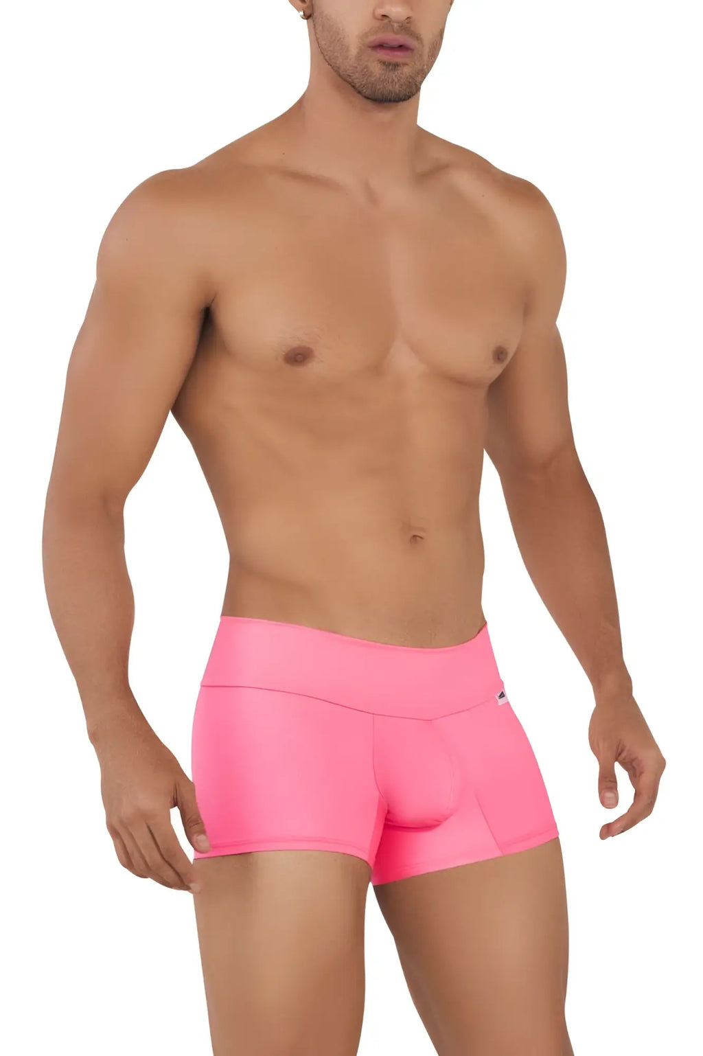 Bright pink form-fitting CandyMan 99729 Work-N-Out trunks with high waistband smooth stretchy fabric