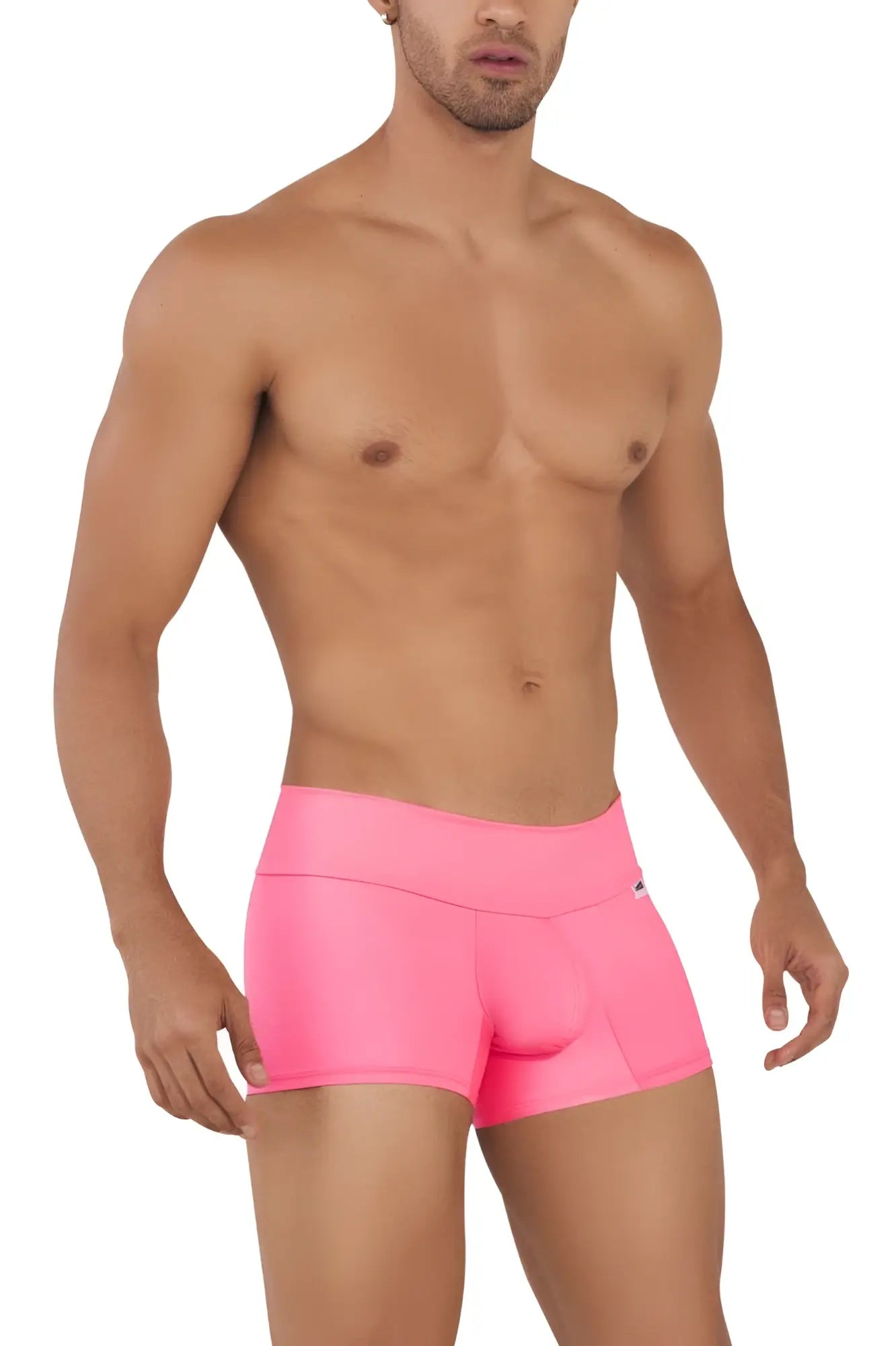 Bright pink form-fitting CandyMan 99729 Work-N-Out trunks with high waistband smooth stretchy fabric