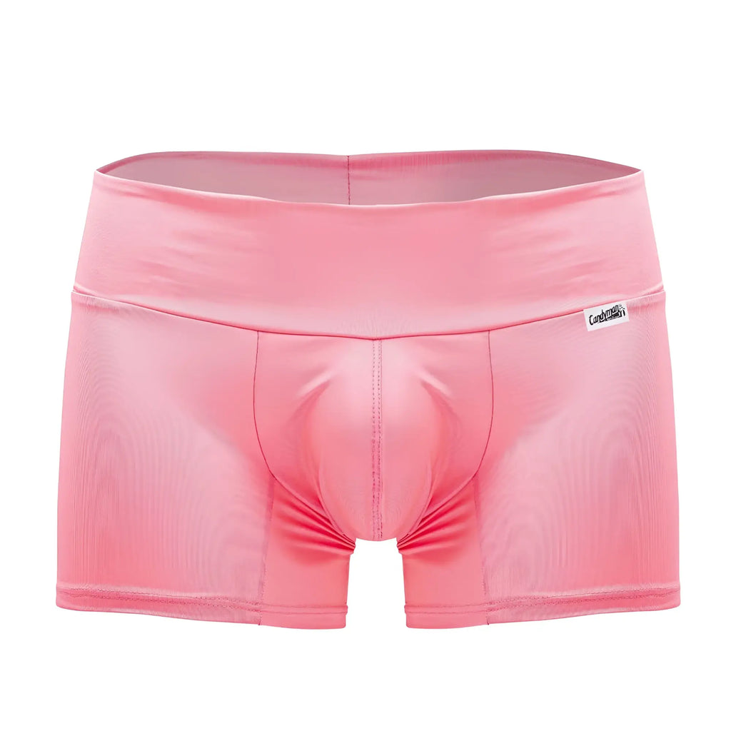 Pink satin-like candy man 99729 work-n-out trunks with a smooth glossy finish and snug-fitting design in hot pink