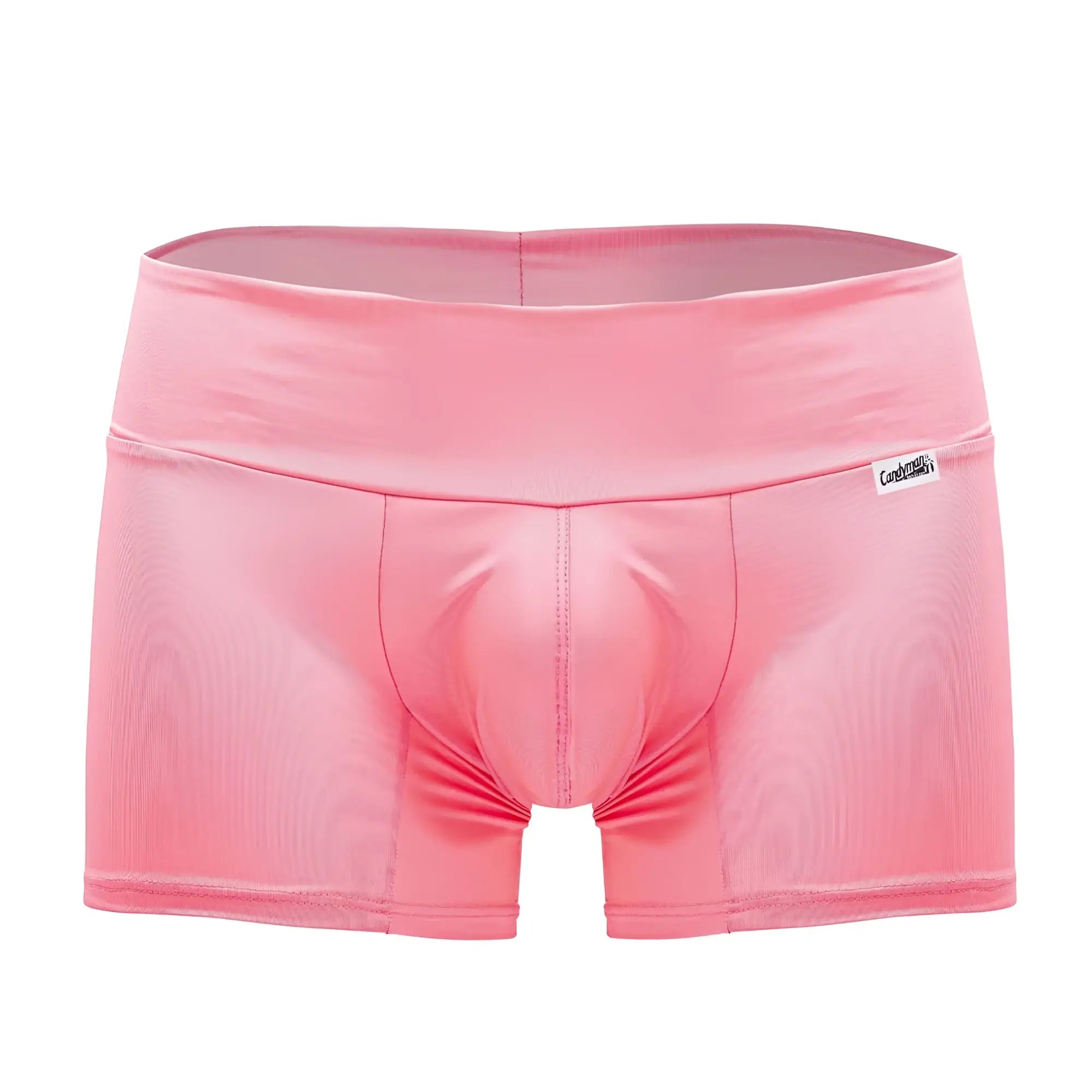 Pink satin-like candy man 99729 work-n-out trunks with a smooth glossy finish and snug-fitting design in hot pink