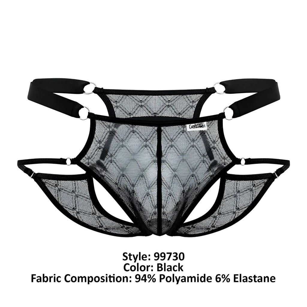 Black candyMan 99730 lace jockstrap briefs with diamond mesh pattern and adjustable straps