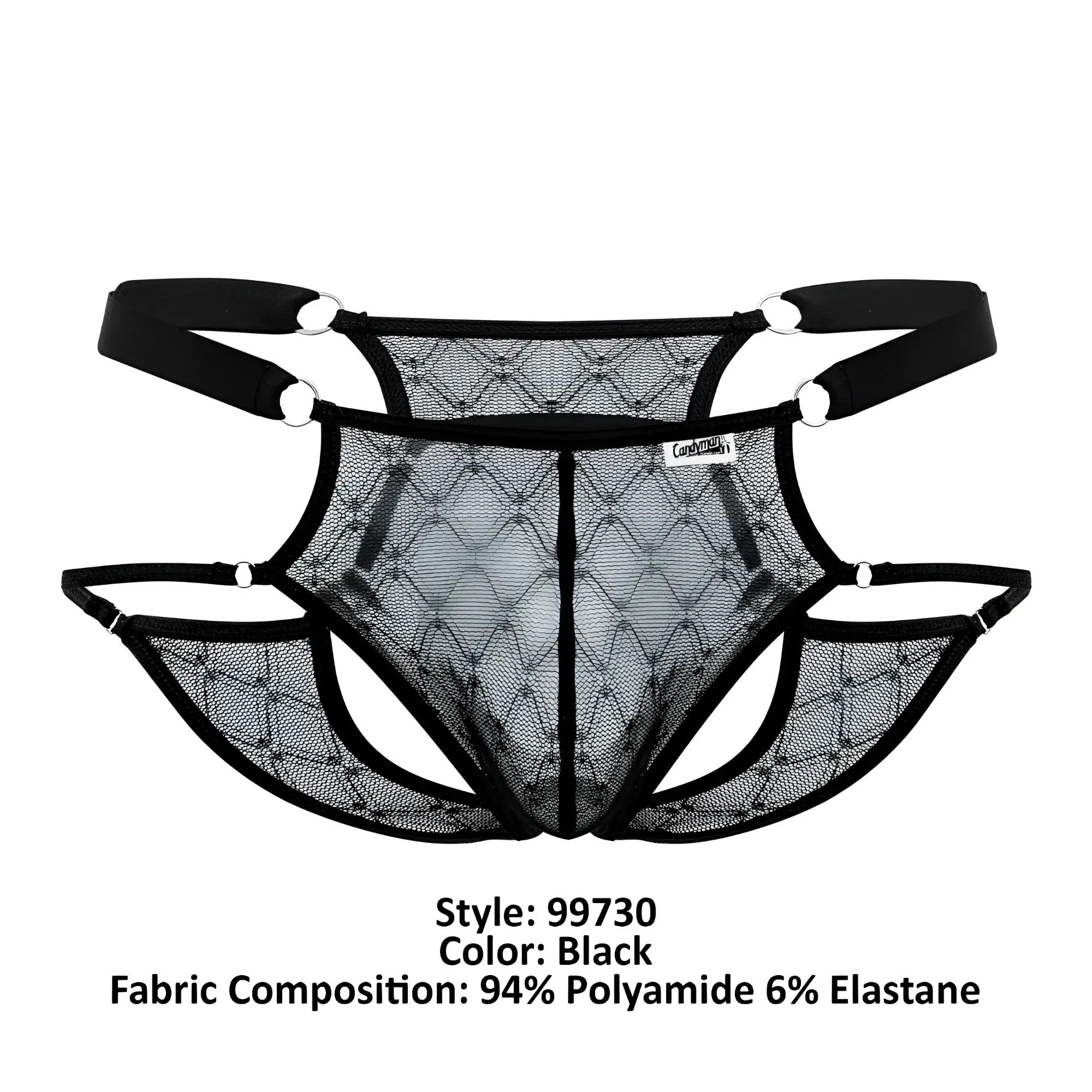 Black candyMan 99730 lace jockstrap briefs with diamond mesh pattern and adjustable straps