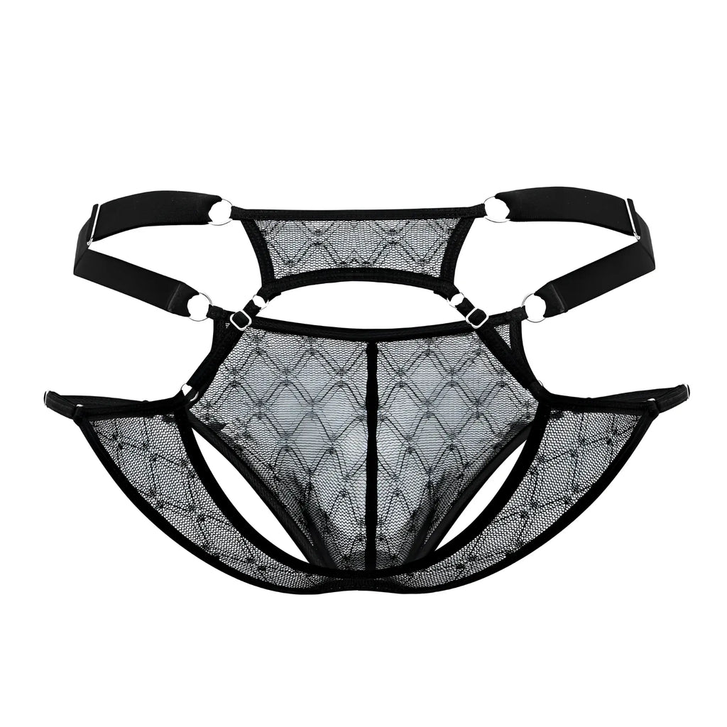 Black mesh CandyMan 99730 lace jockstrap with diamond pattern and adjustable straps showing front view