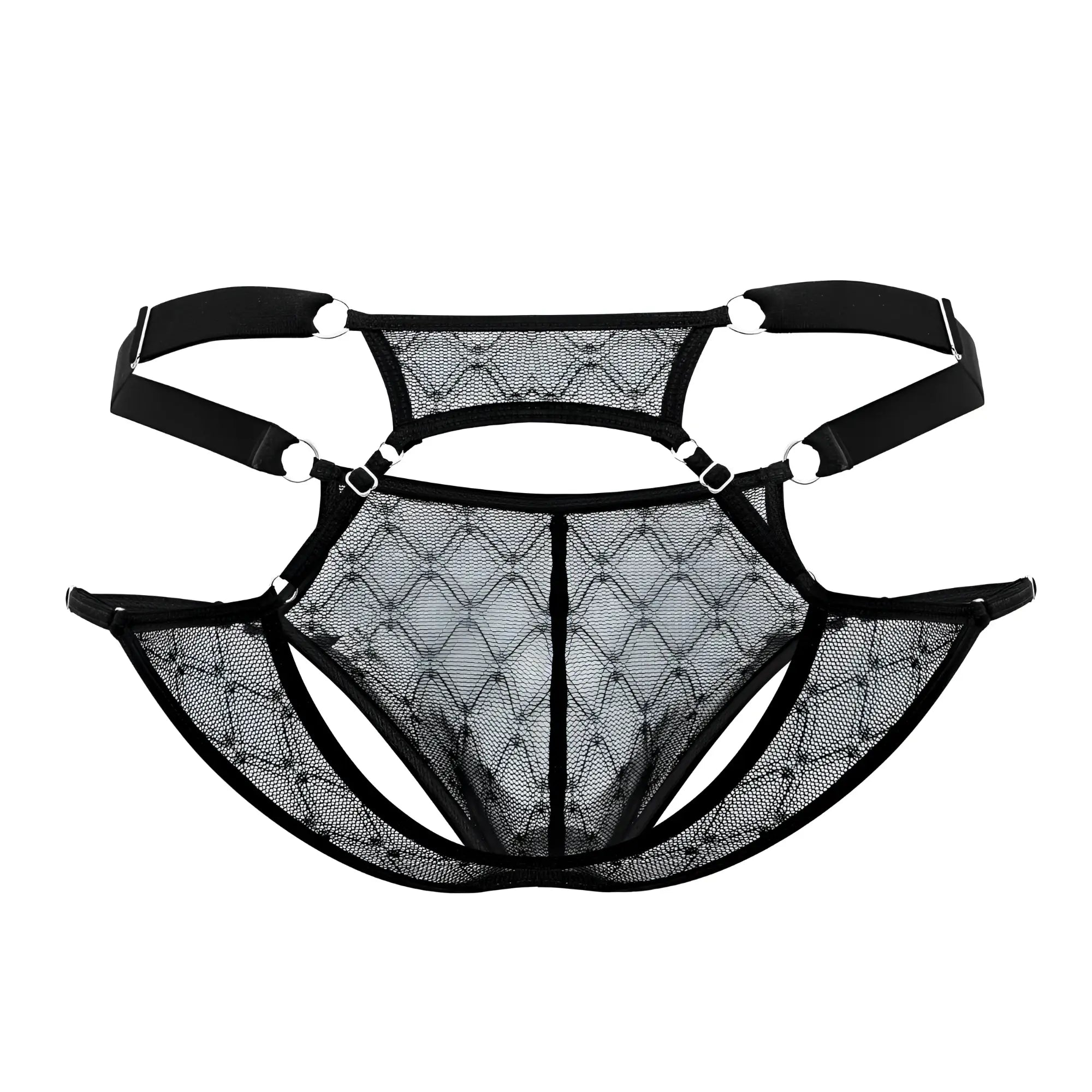 Black mesh CandyMan 99730 lace jockstrap with diamond pattern and adjustable straps showing front view