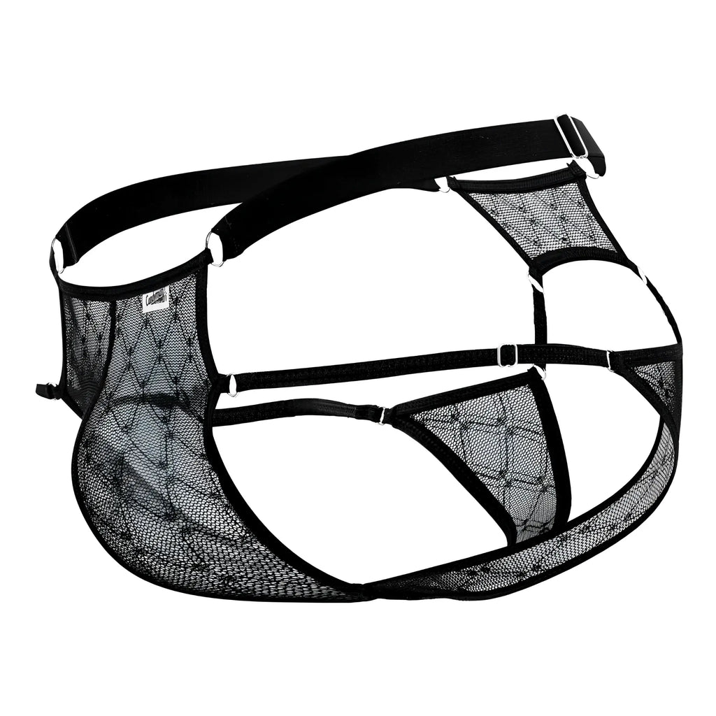 Black mesh lingerie harness with adjustable straps and silver metal clasps from candyman 99730 lace jockstrap collection