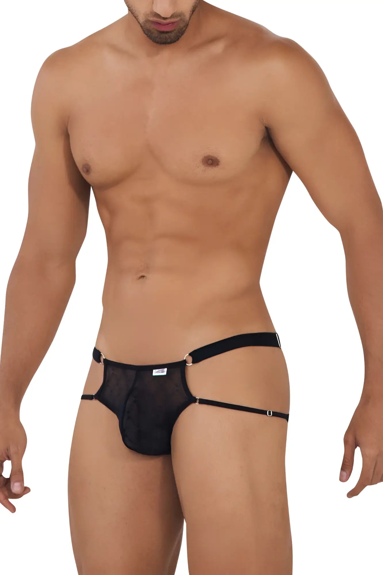 Black mesh candyMan 99730 lace jockstrap with thin side straps and metallic grommets for a bold look