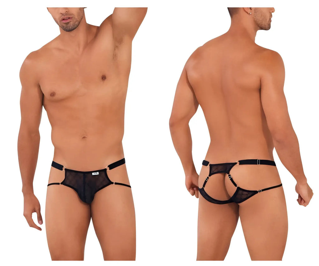 Black candyMan 99730 lace jockstrap mesh thong with adjustable straps and metallic hardware front view