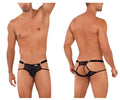 Black candyMan 99730 lace jockstrap mesh thong with adjustable straps and metallic hardware front view