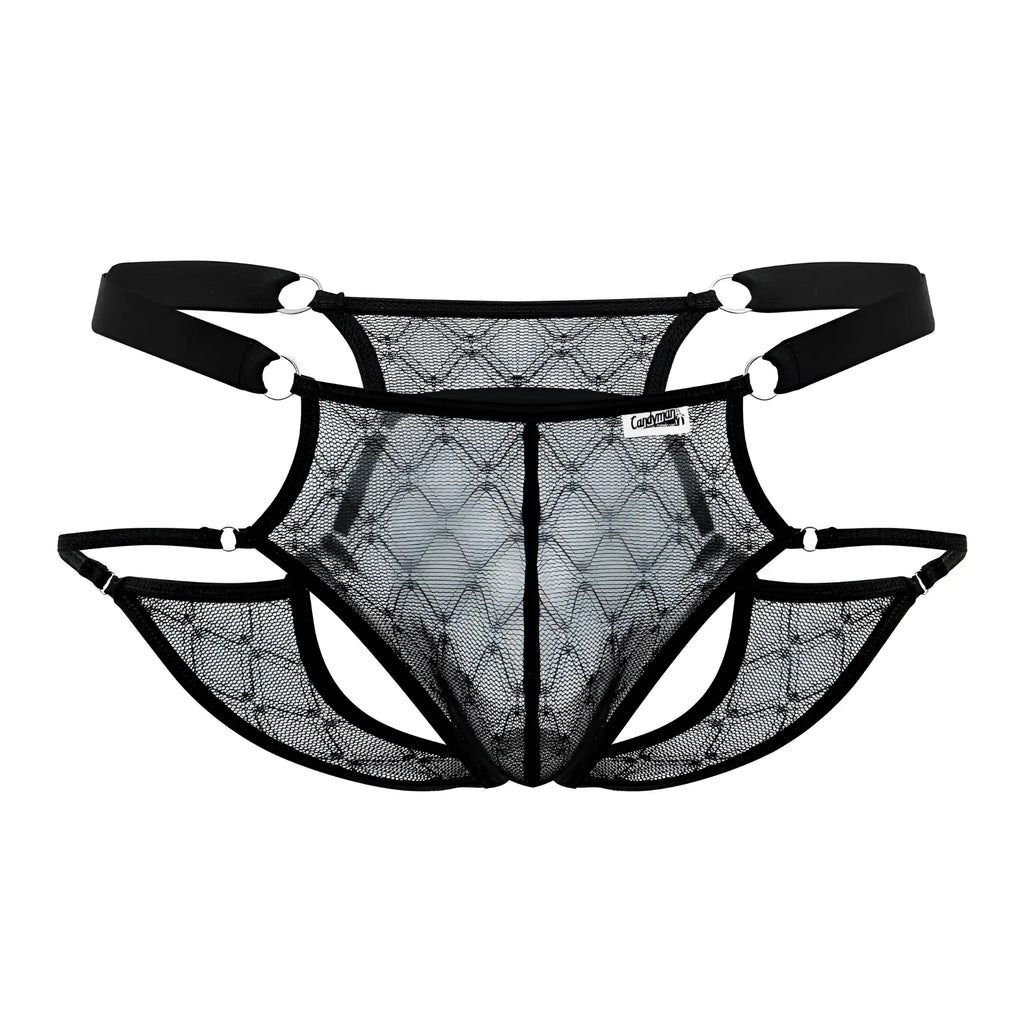 Black CandyMan 99730 lace jockstrap thong with diamond mesh pattern and adjustable straps shown from the back
