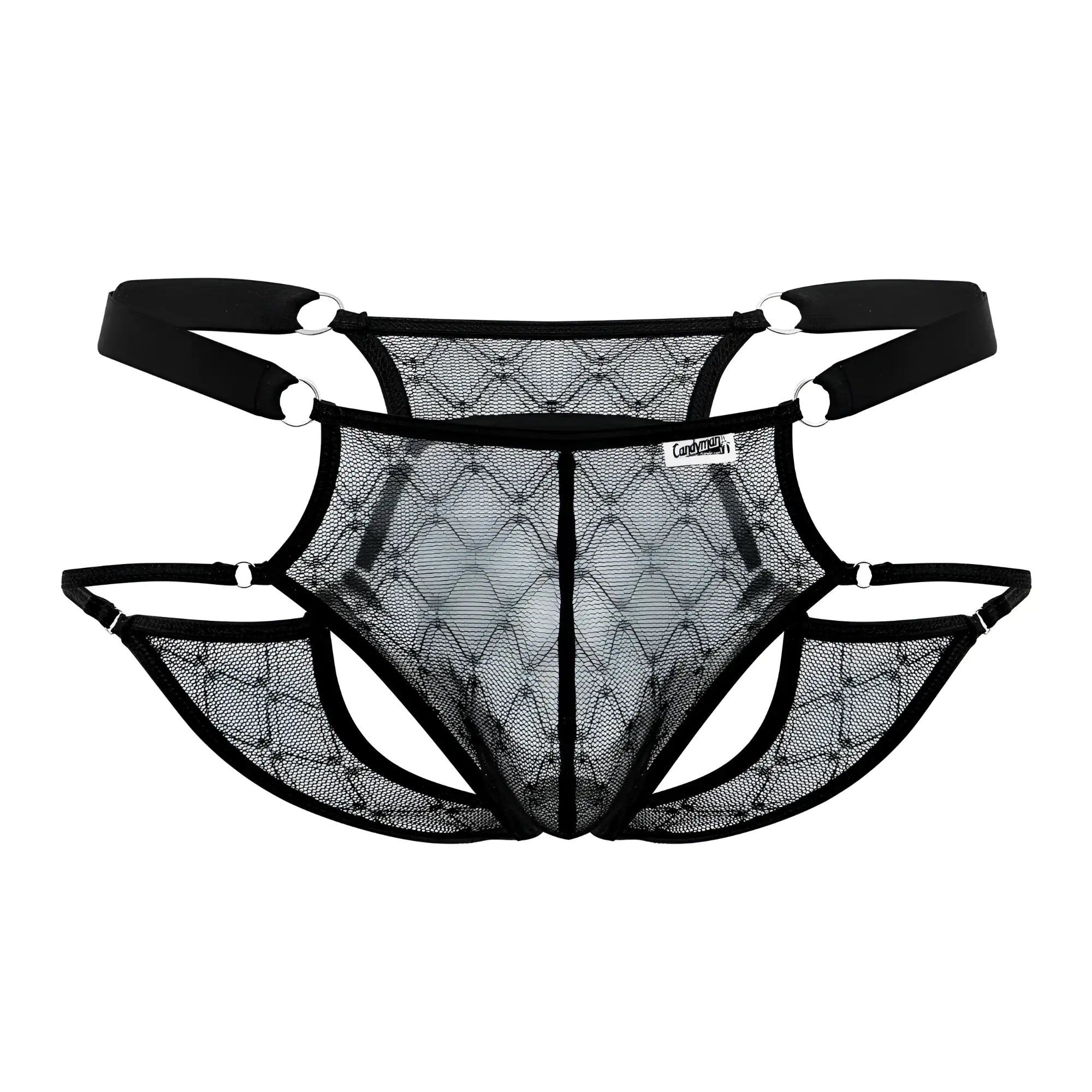 Black CandyMan 99730 lace jockstrap thong with diamond mesh pattern and adjustable straps shown from the back