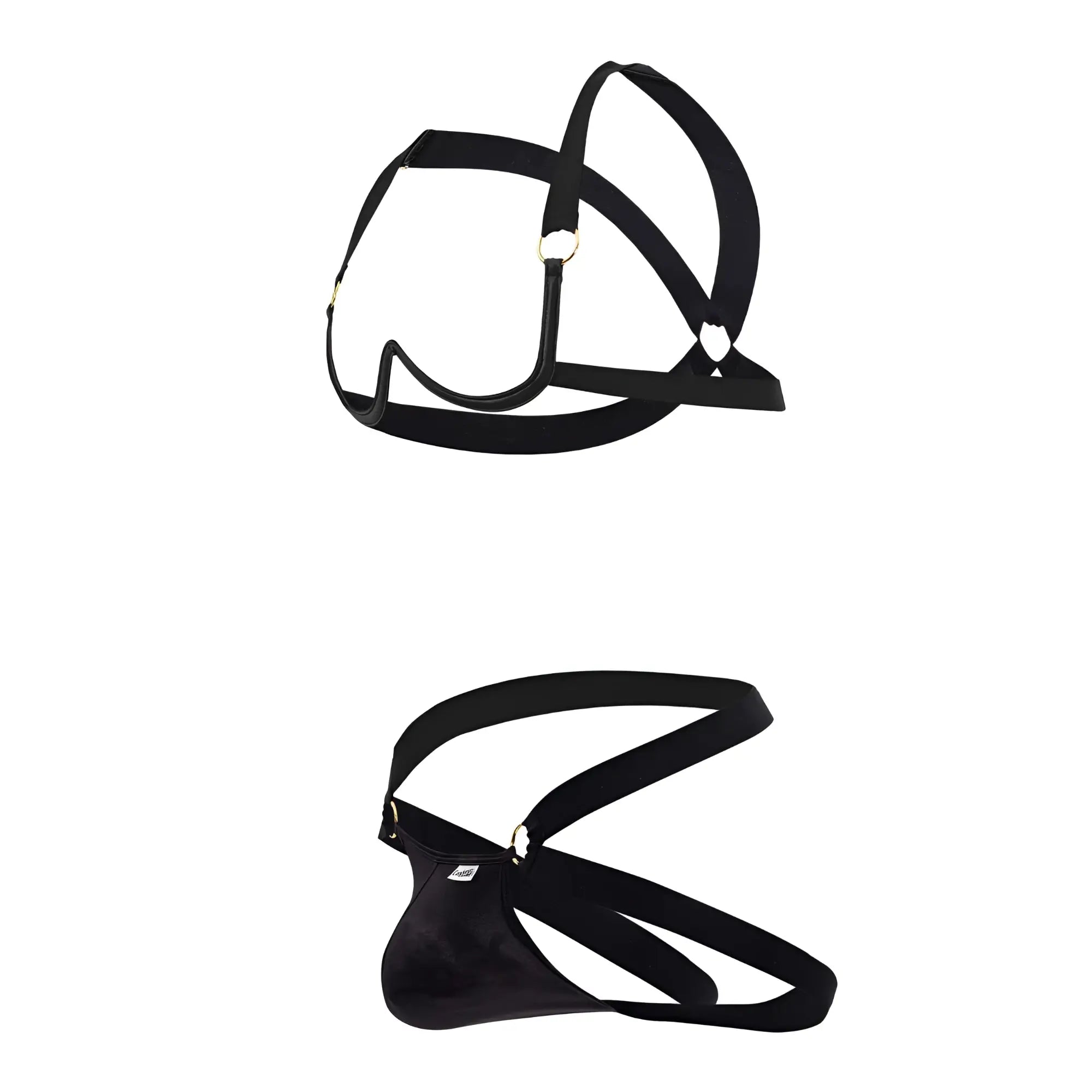 Black leather candy man 99731 harness bra two piece set with adjustable straps and metallic hardware
