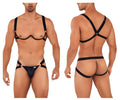 Black leather harness bra two piece set by candyman with gold tone clasps and adjustable straps