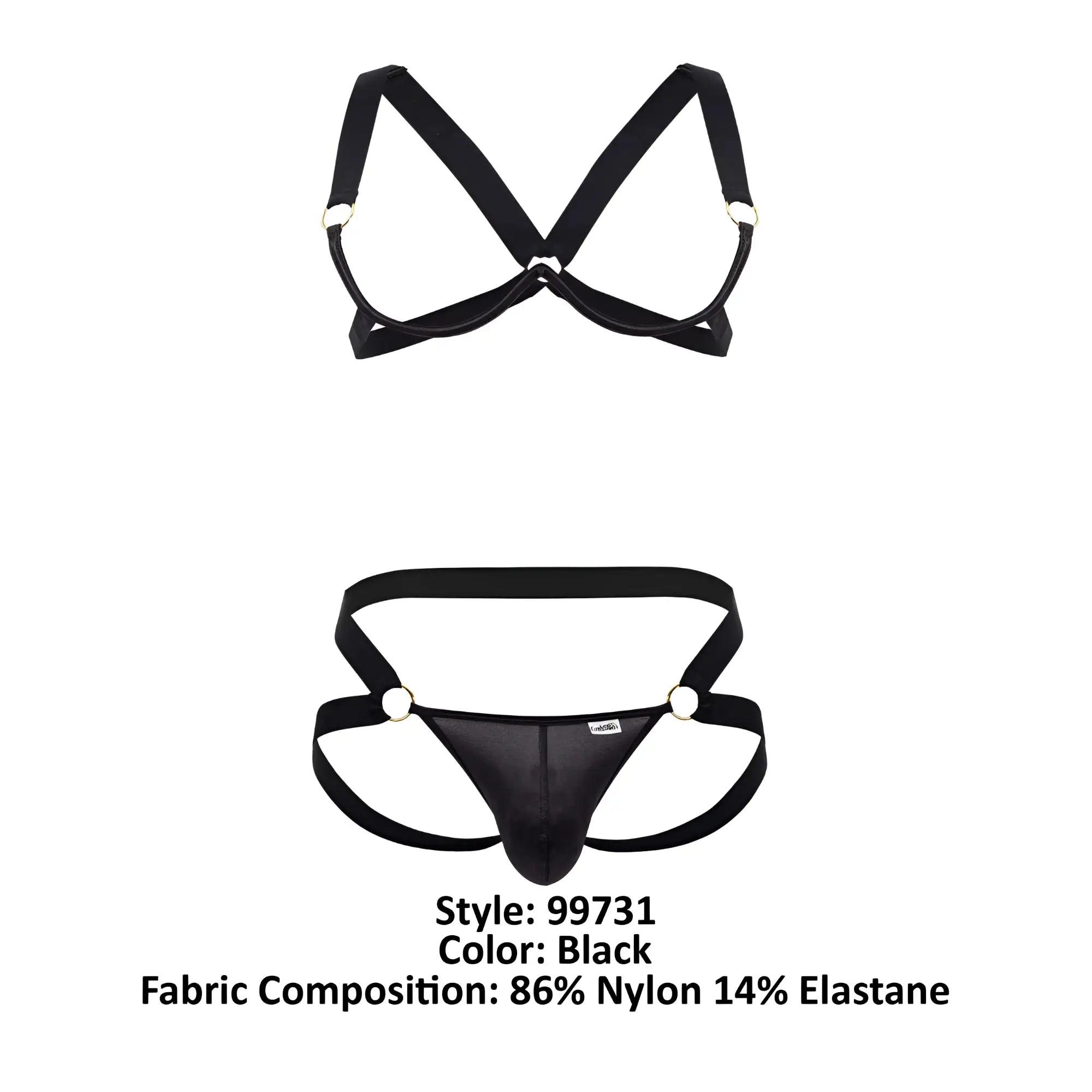 Black mens nylon and elastane briefs with supportive crisscross back strap candy man 99731 harness-bra set back view