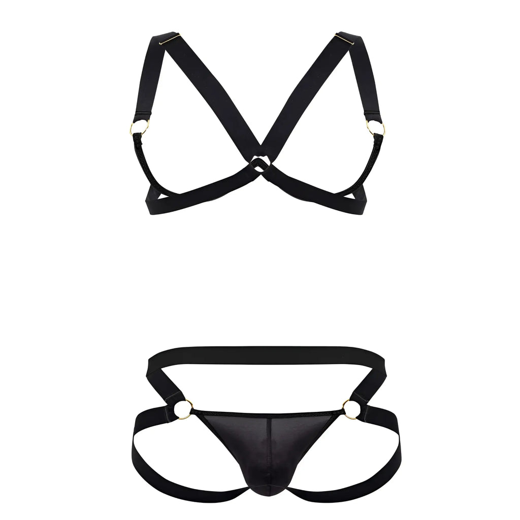 Black satin harness bra two piece set with metallic rings by candyman in black shown from the back side