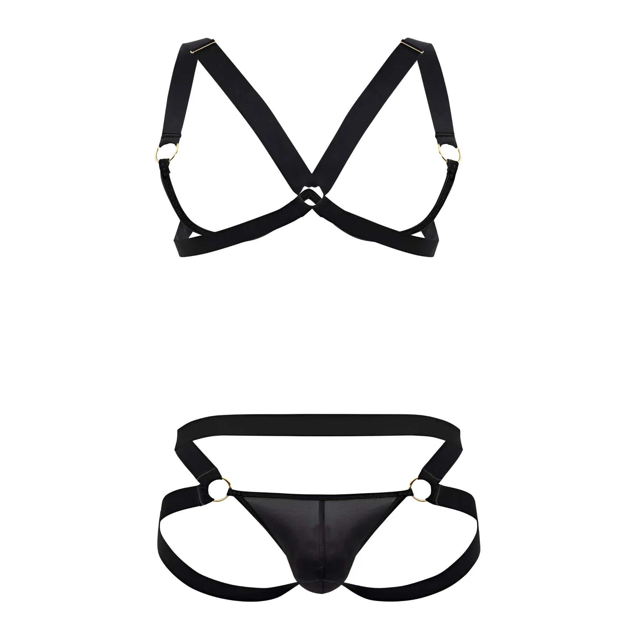 Black satin harness bra two piece set with metallic rings by candyman in black shown from the back side