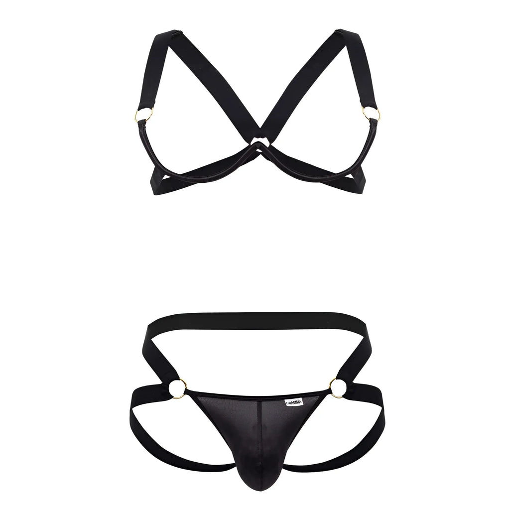 Black satin harness style men’s underwear set with metallic rings and central panel candyMan 99731 black