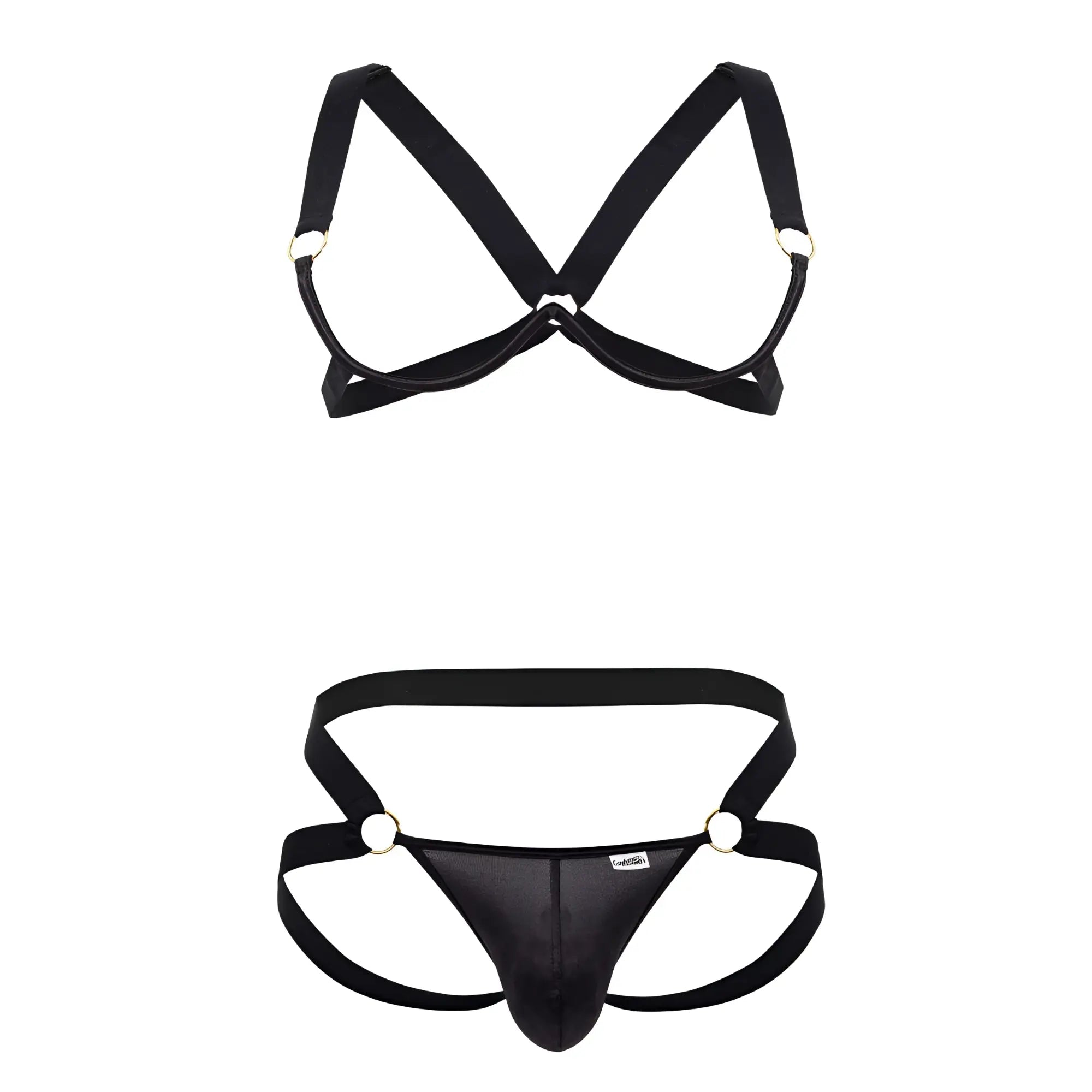 Black satin harness style men’s underwear set with metallic rings and central panel candyMan 99731 black