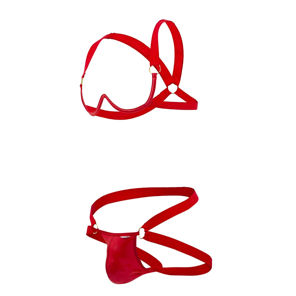 Red patent leather men’s jockstrap with gold tone hardware from candyman 99731 harness bra two piece set