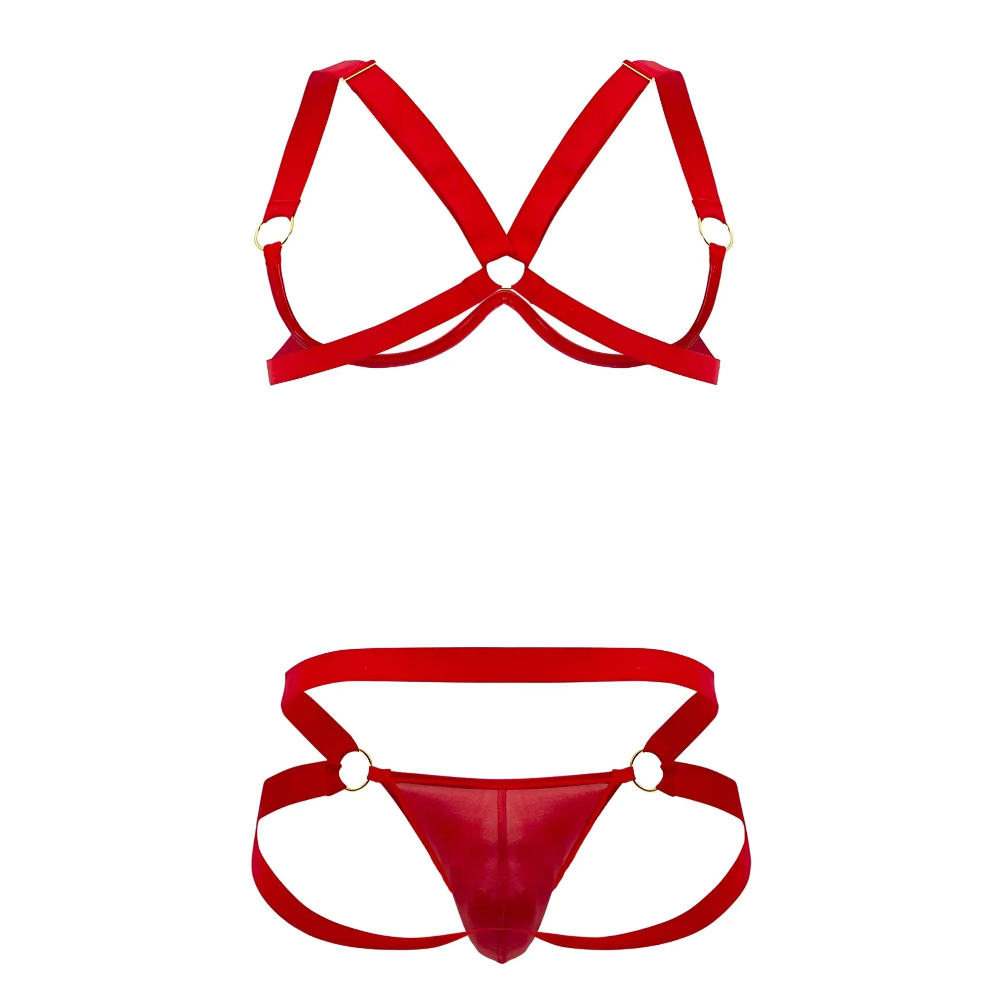 CandyMan 99731 red satin harness-bra two piece set with gold-toned metal rings highlighting bold design