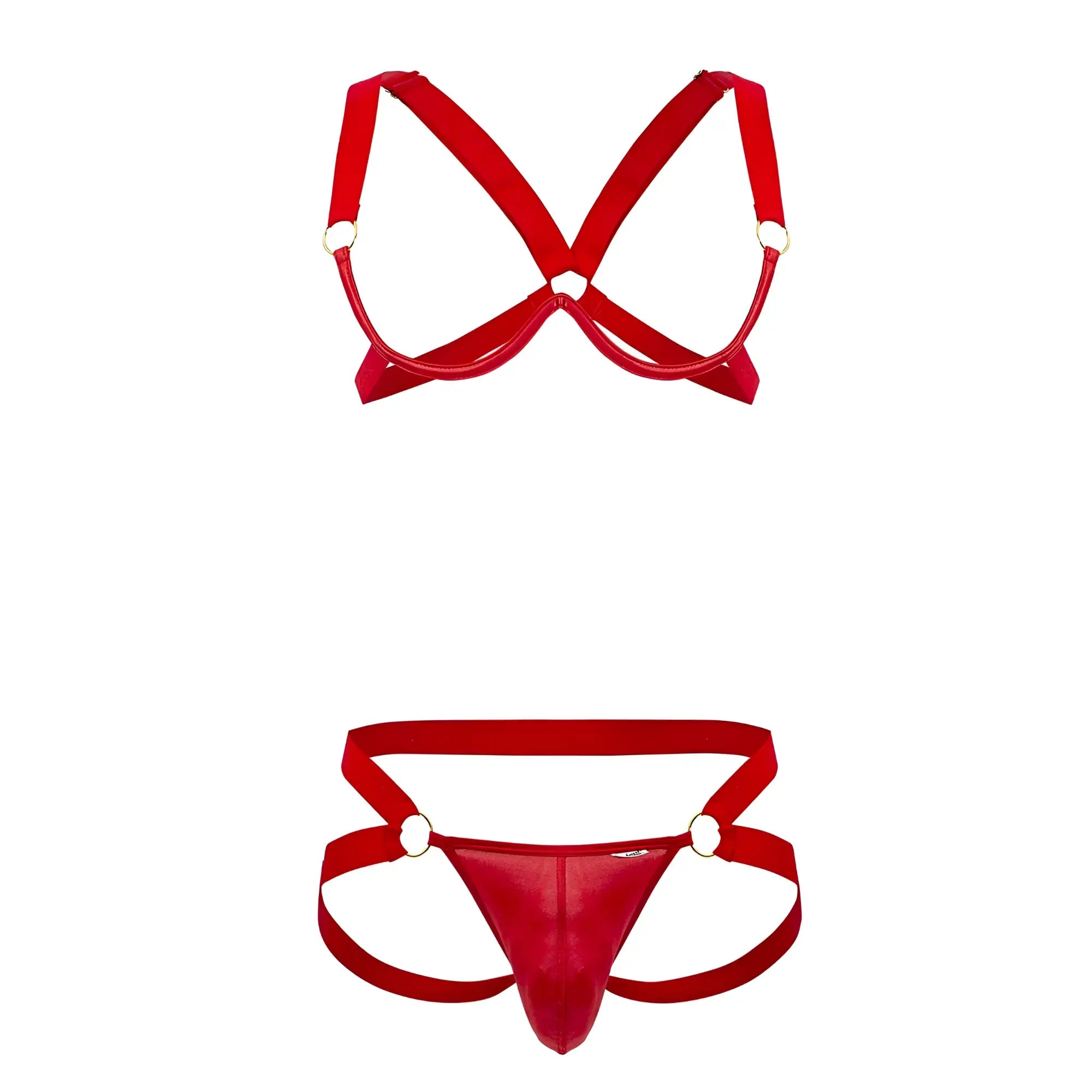 Red shiny latex harness-bra two piece set with metallic rings by CandyMan in red, designed for lingerie use