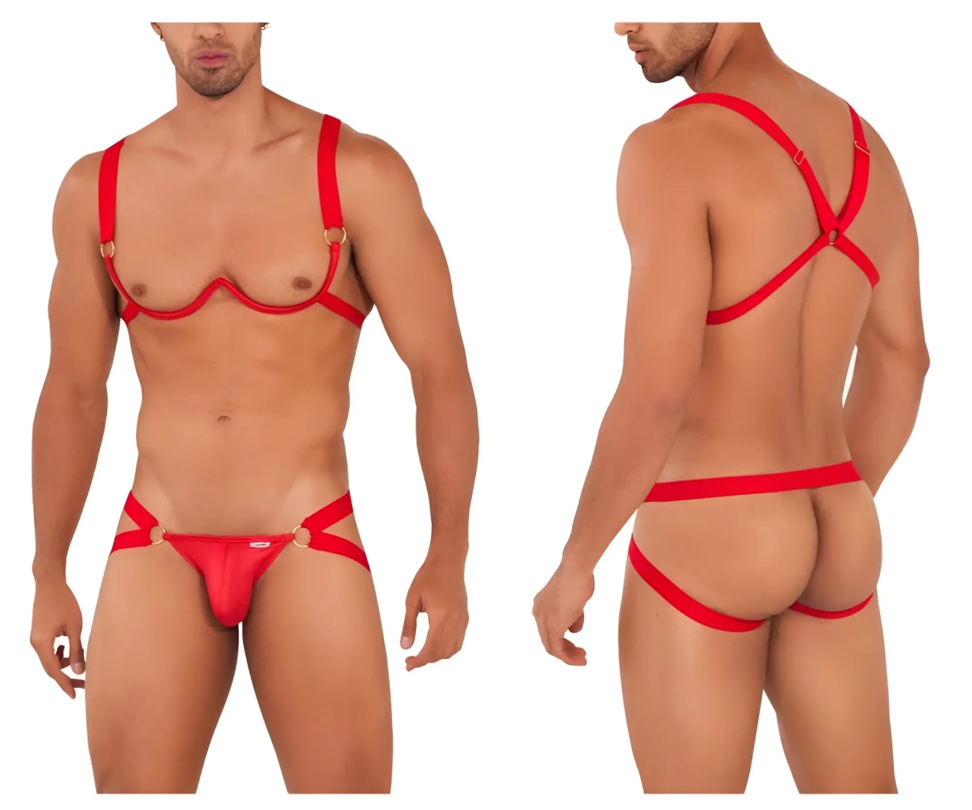 Red harness-bra two piece set by candyMan featuring adjustable straps and gold-tone metal hardware in red