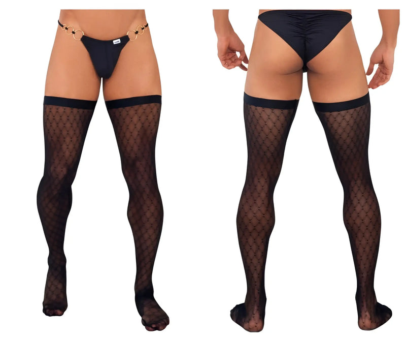Black fishnet mesh thigh high stockings with gold toned ring belt candy man 99735 model in black