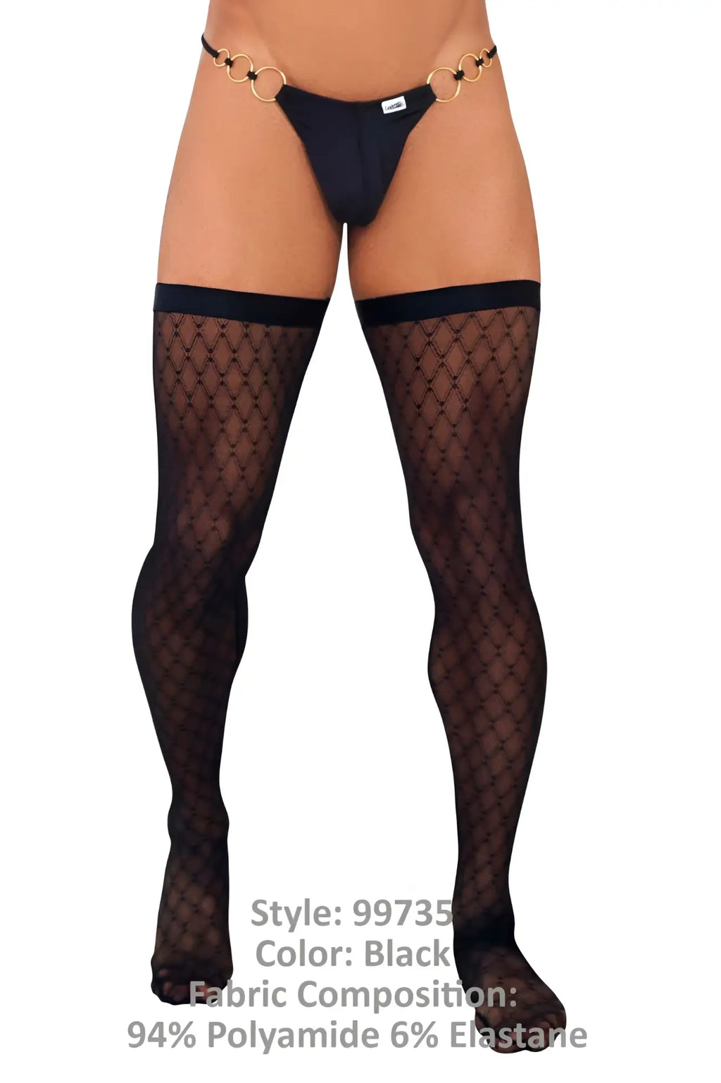 Black fishnet mesh thigh highs with a gold toned chain belt from Candyman 99735 in color black
