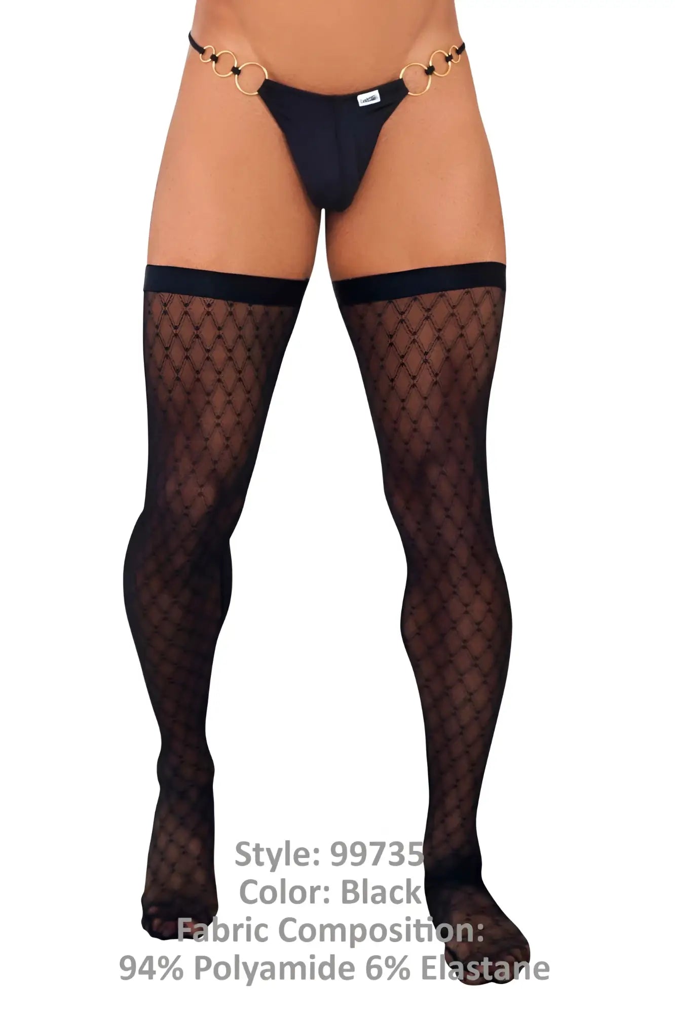 Black fishnet mesh thigh highs with a gold toned chain belt from Candyman 99735 in color black