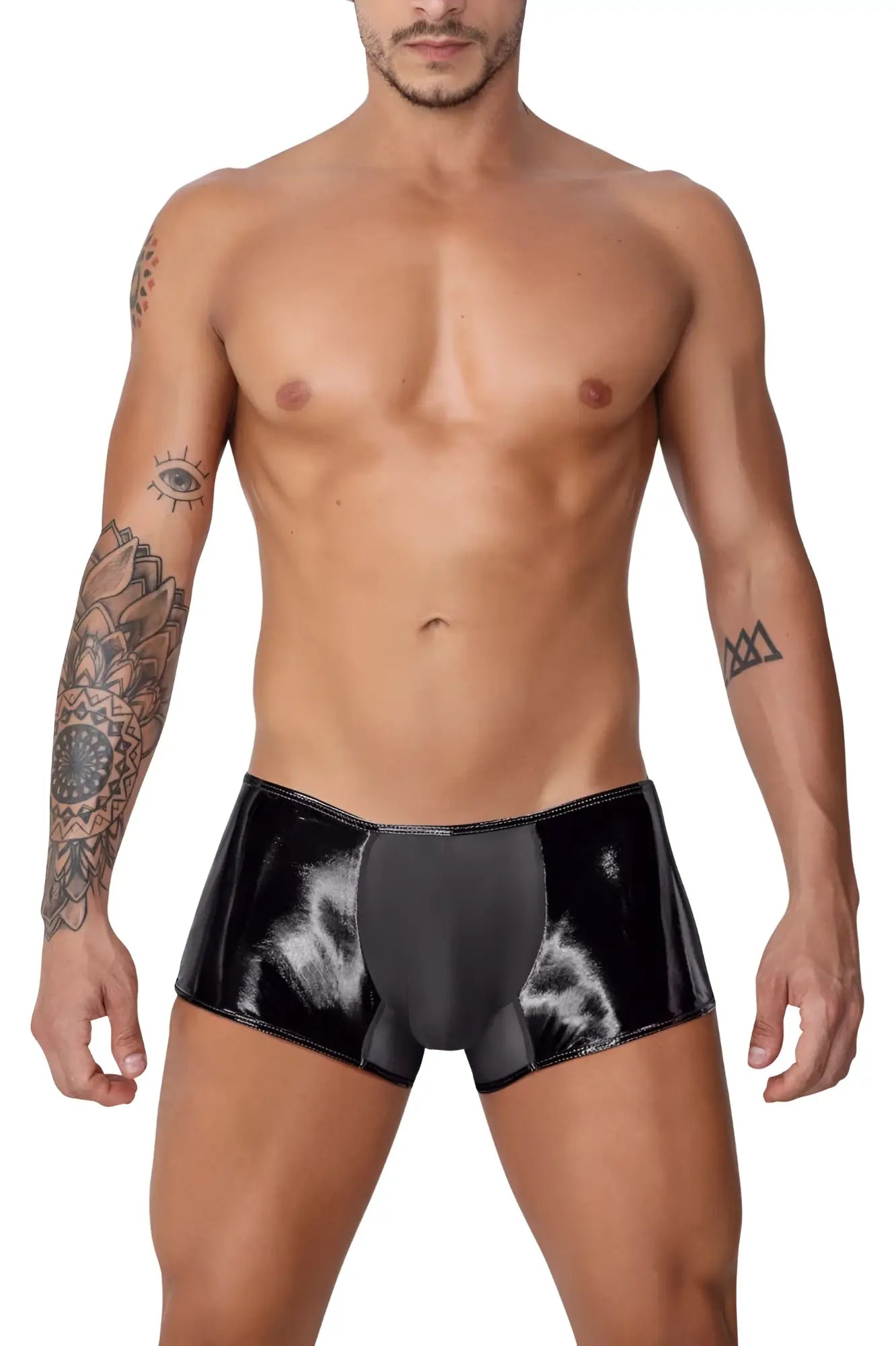 CandyMan 99737 mesh trunks black patent leather briefs with glossy finish and subtle white abstract pattern