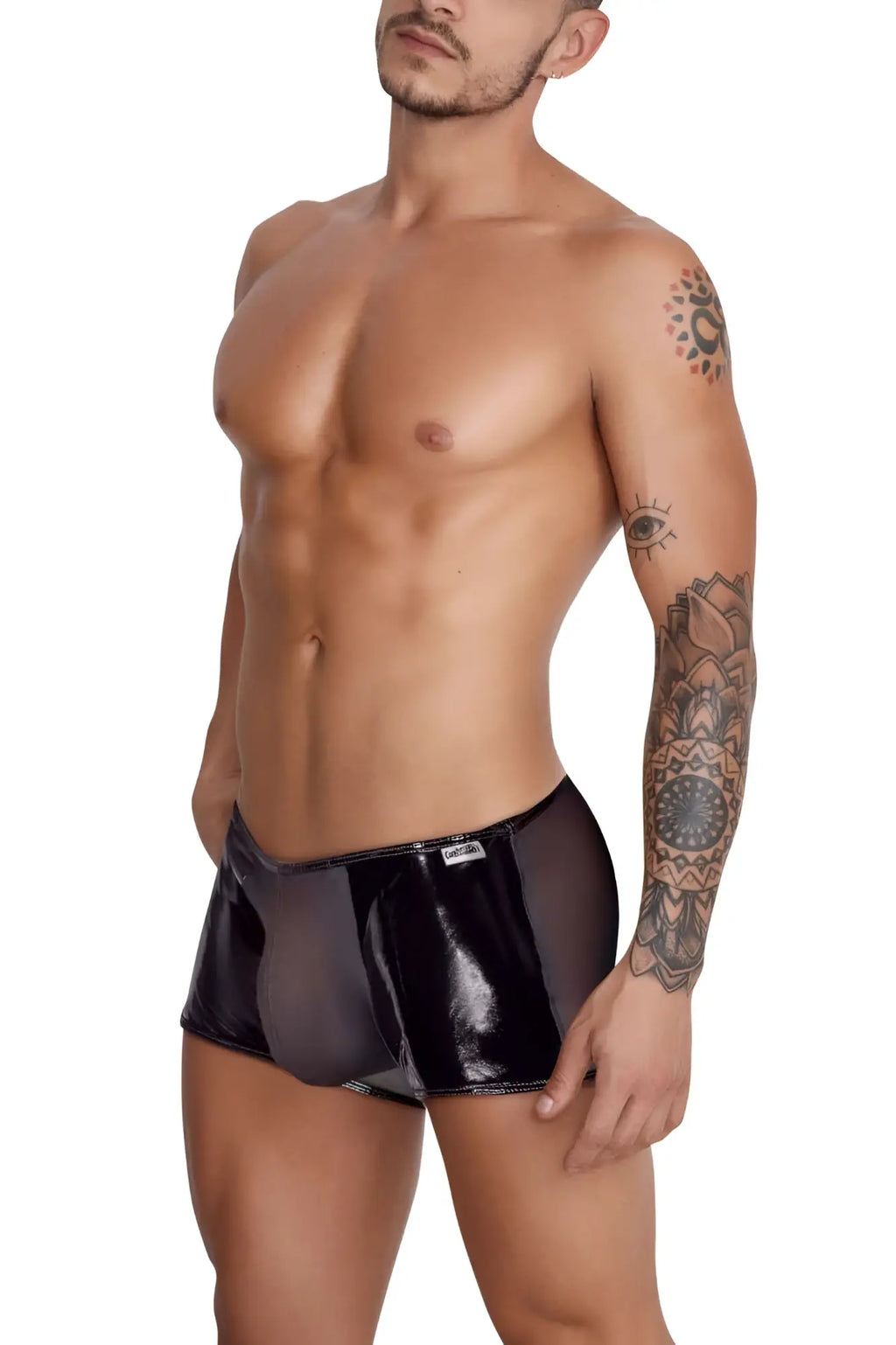 CandyMan 99737 mesh trunks black patent leather briefs with glossy finish and subtle side seam detail