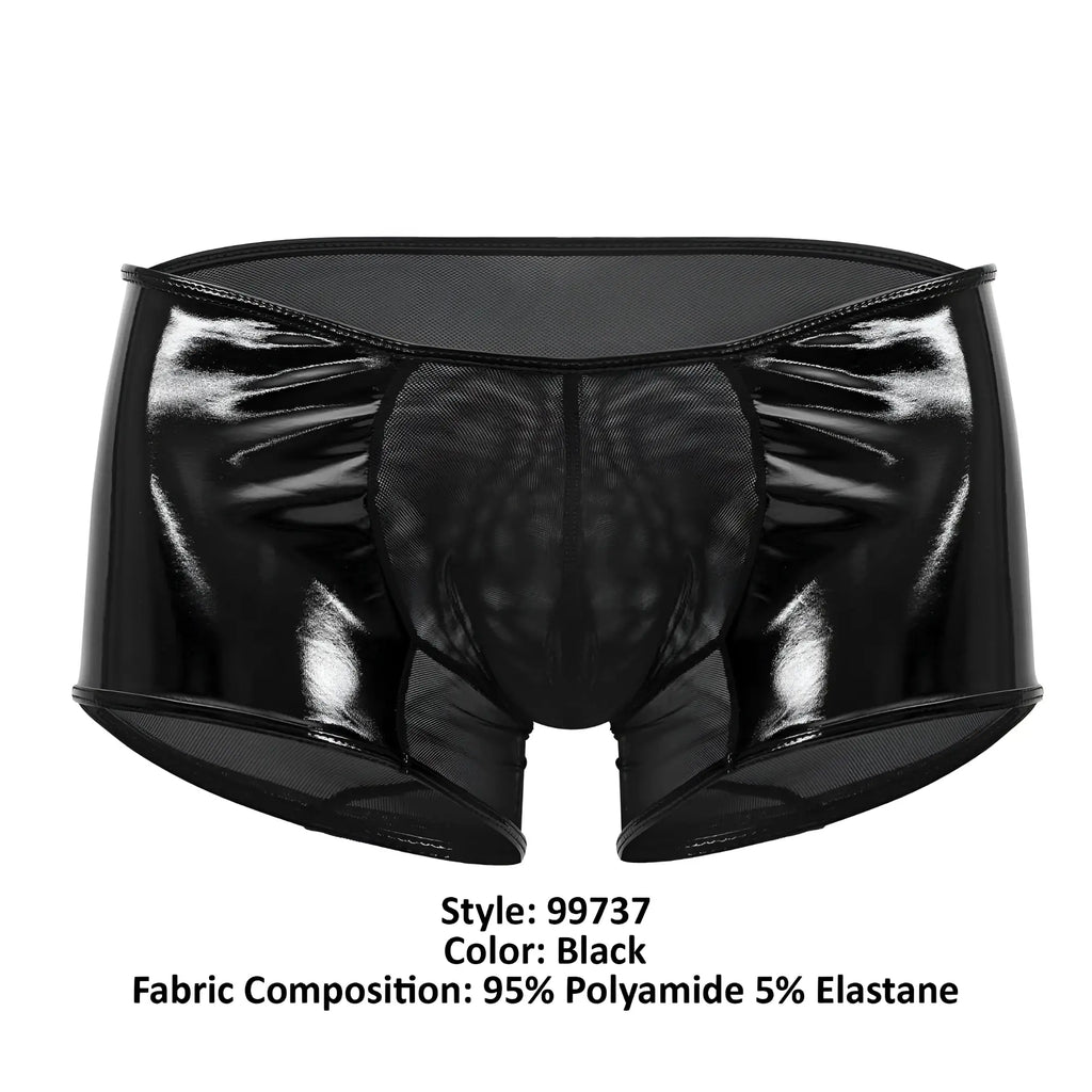 Black patent leather briefs with front and side mesh panels candyMan 99737 mesh trunks color black