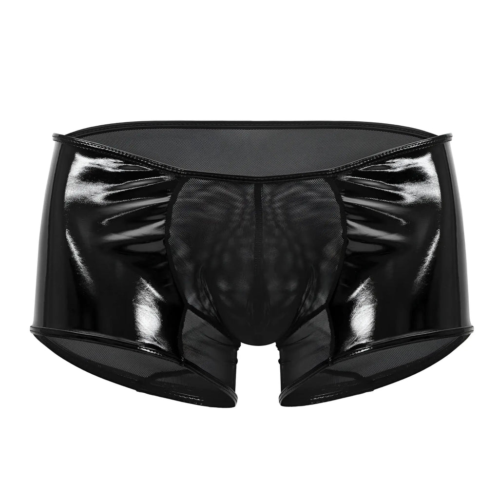 Black candyman 99737 mesh trunks briefs with patent leather and mesh panels featuring a glossy reflective finish