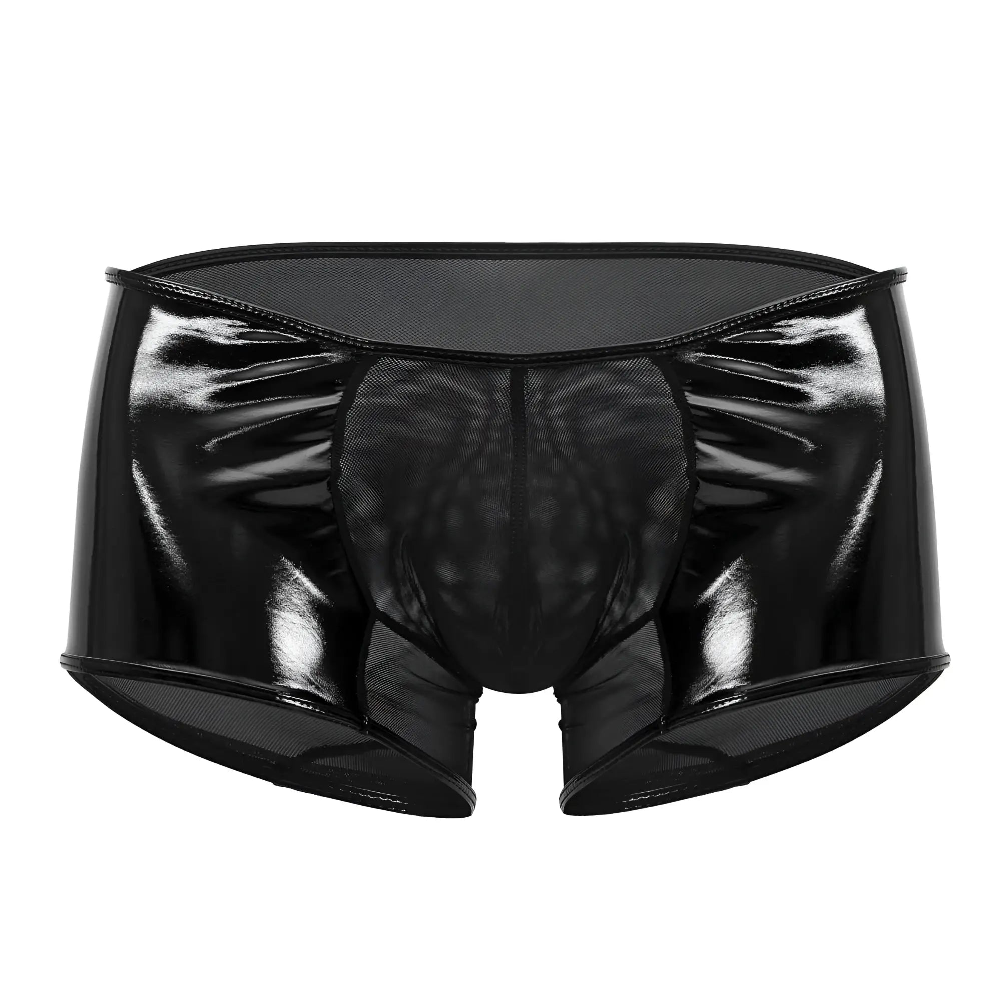 Black candyman 99737 mesh trunks briefs with patent leather and mesh panels featuring a glossy reflective finish