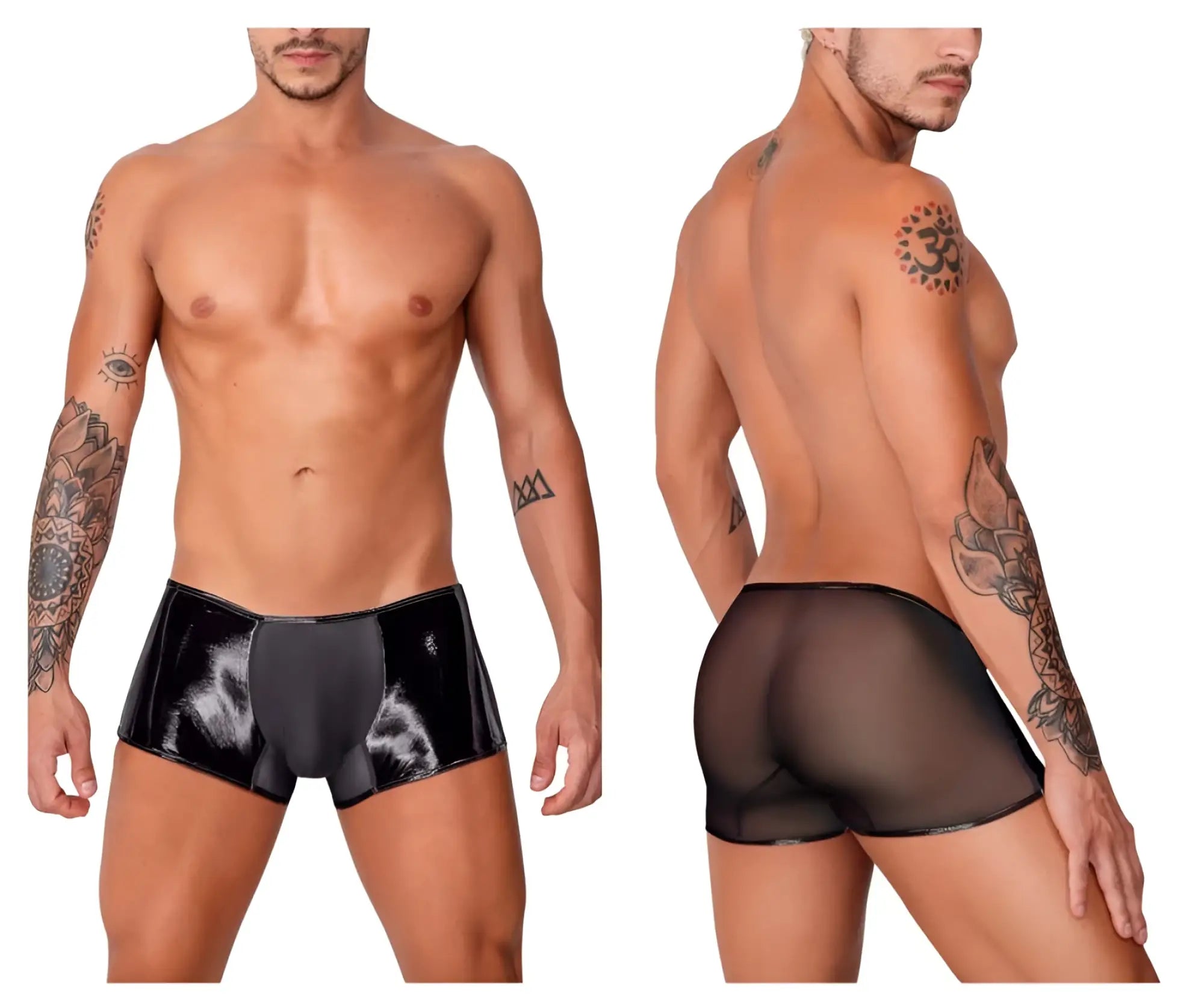 Black candyman 99737 mesh trunks featuring patent leather and sheer mesh briefs with a glossy reflective finish